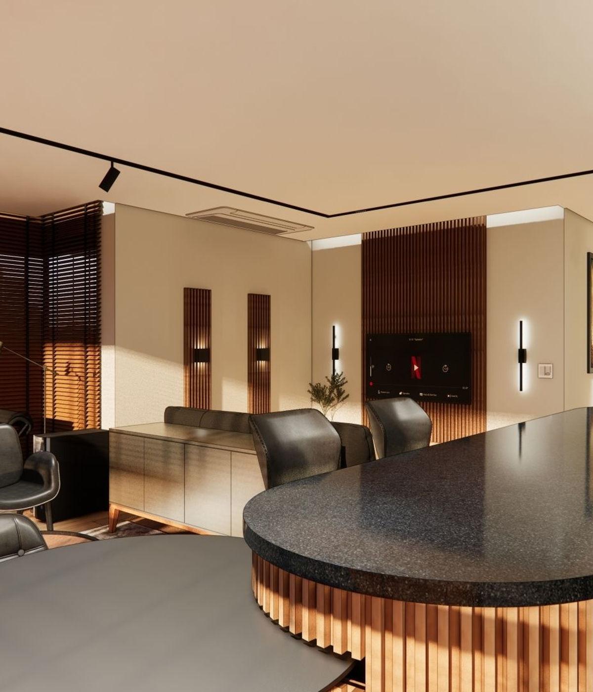 Sala integrada com cozinha em apartamento reformado em São Paulo pela Path Arquitetura