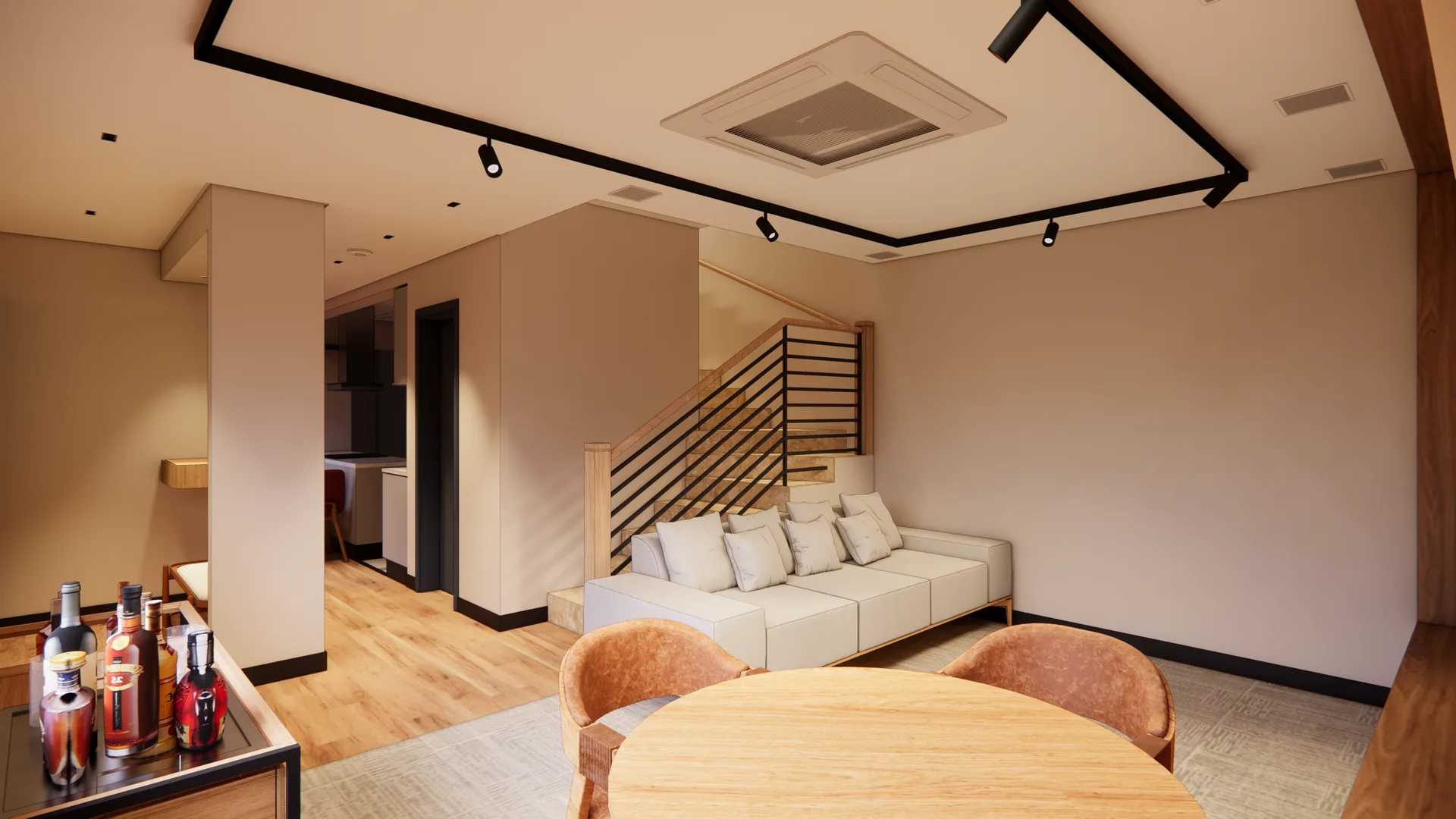 Proposta 3D da sala no pavimento térreo, vista 2