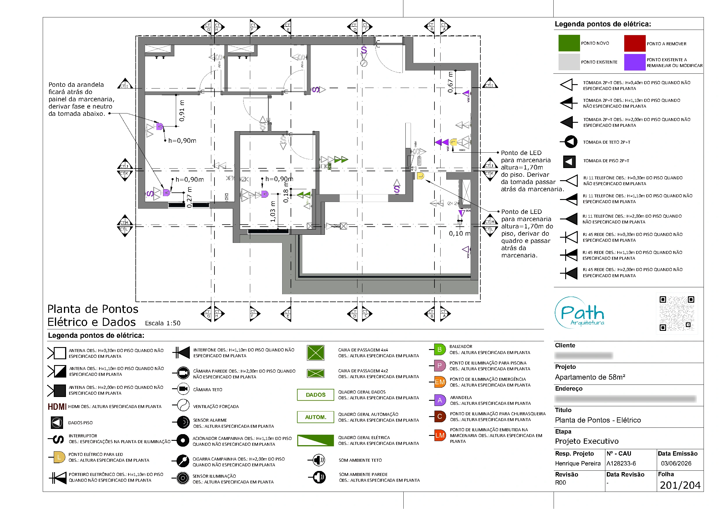 Folha de elétrica e dados do projeto executivo de Butantã · 58 m²
