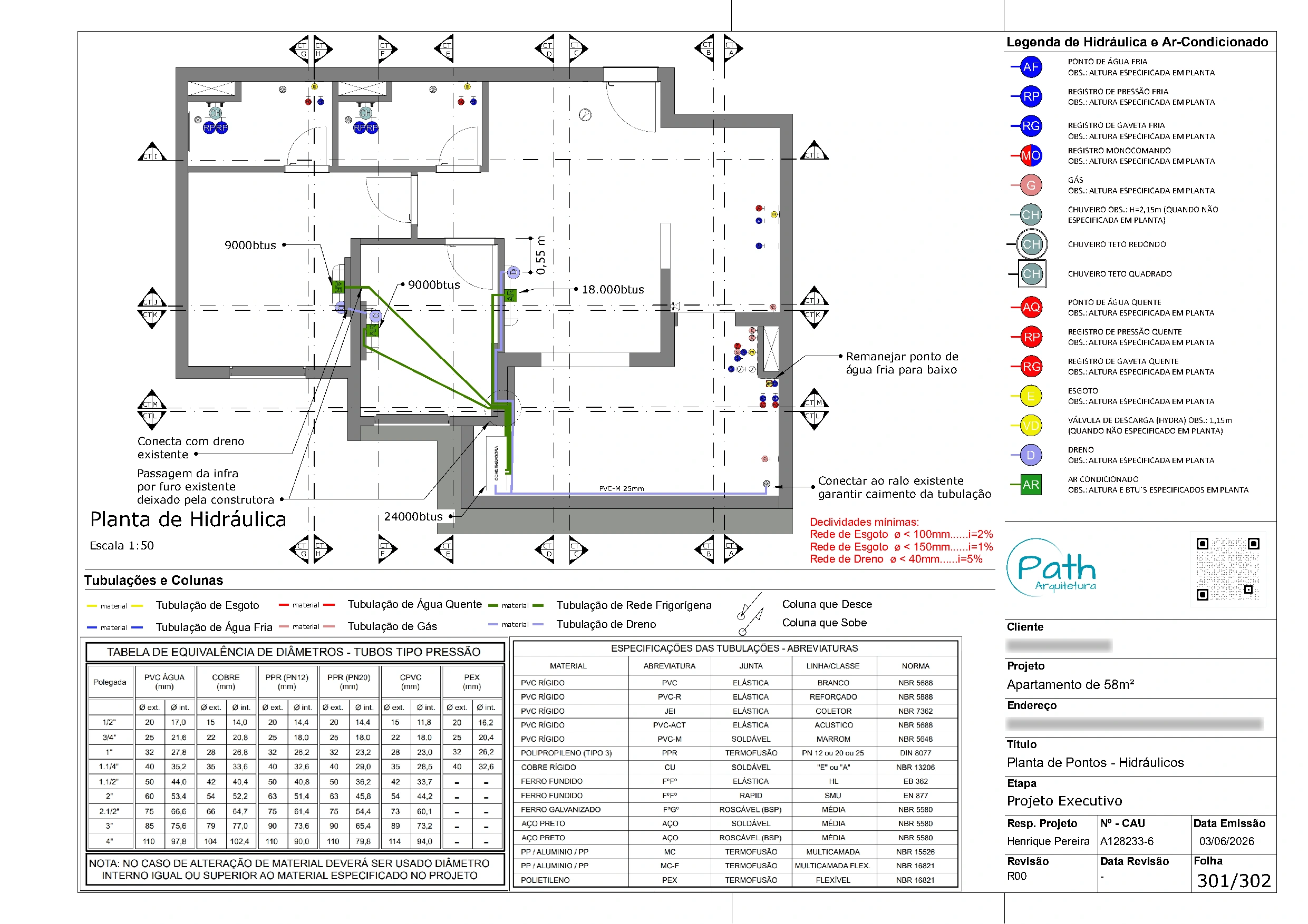 Folha de hidráulica do projeto executivo de Butantã · 58 m²