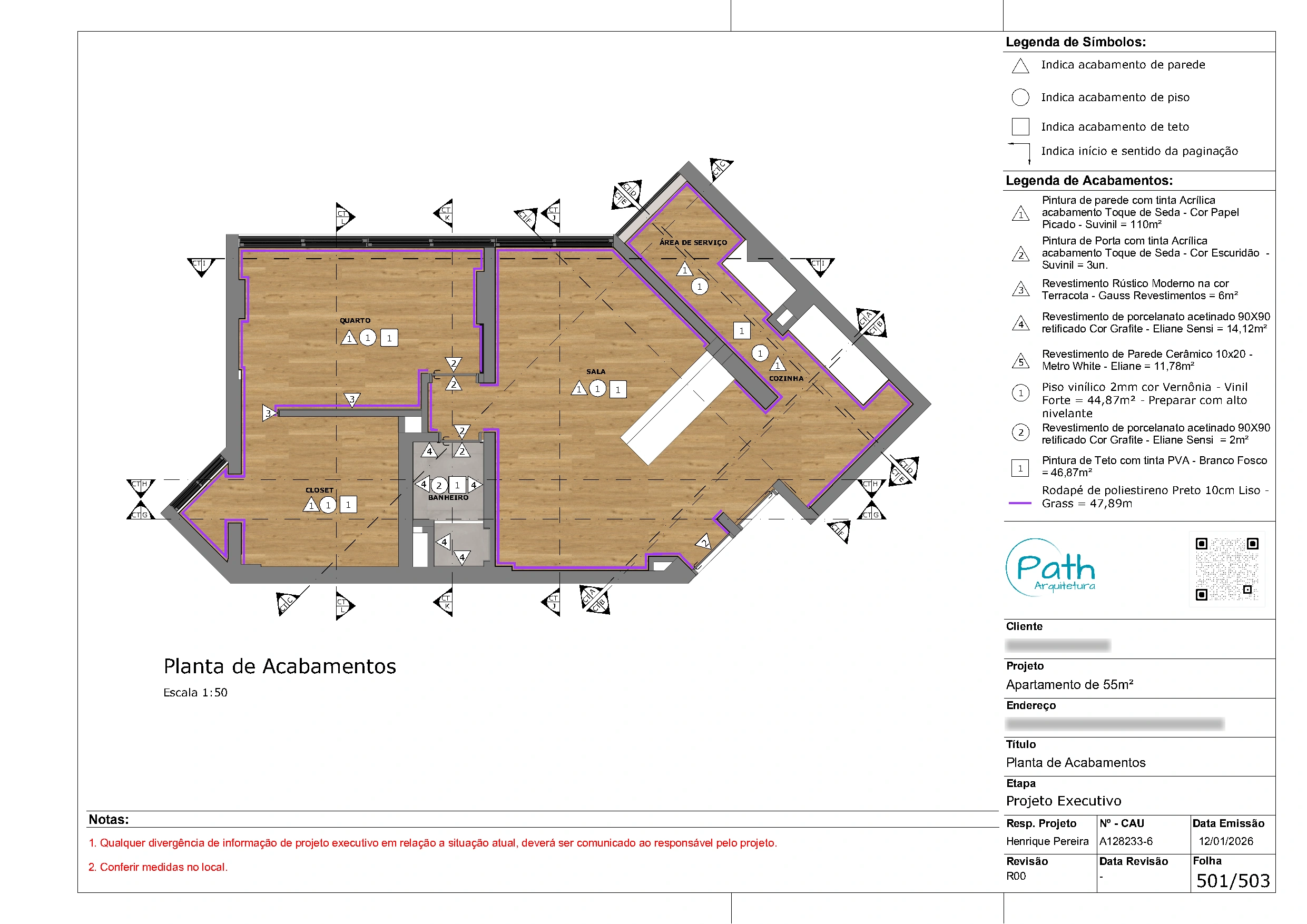 Folha de acabamentos do projeto executivo de Morumbi · 52 m²