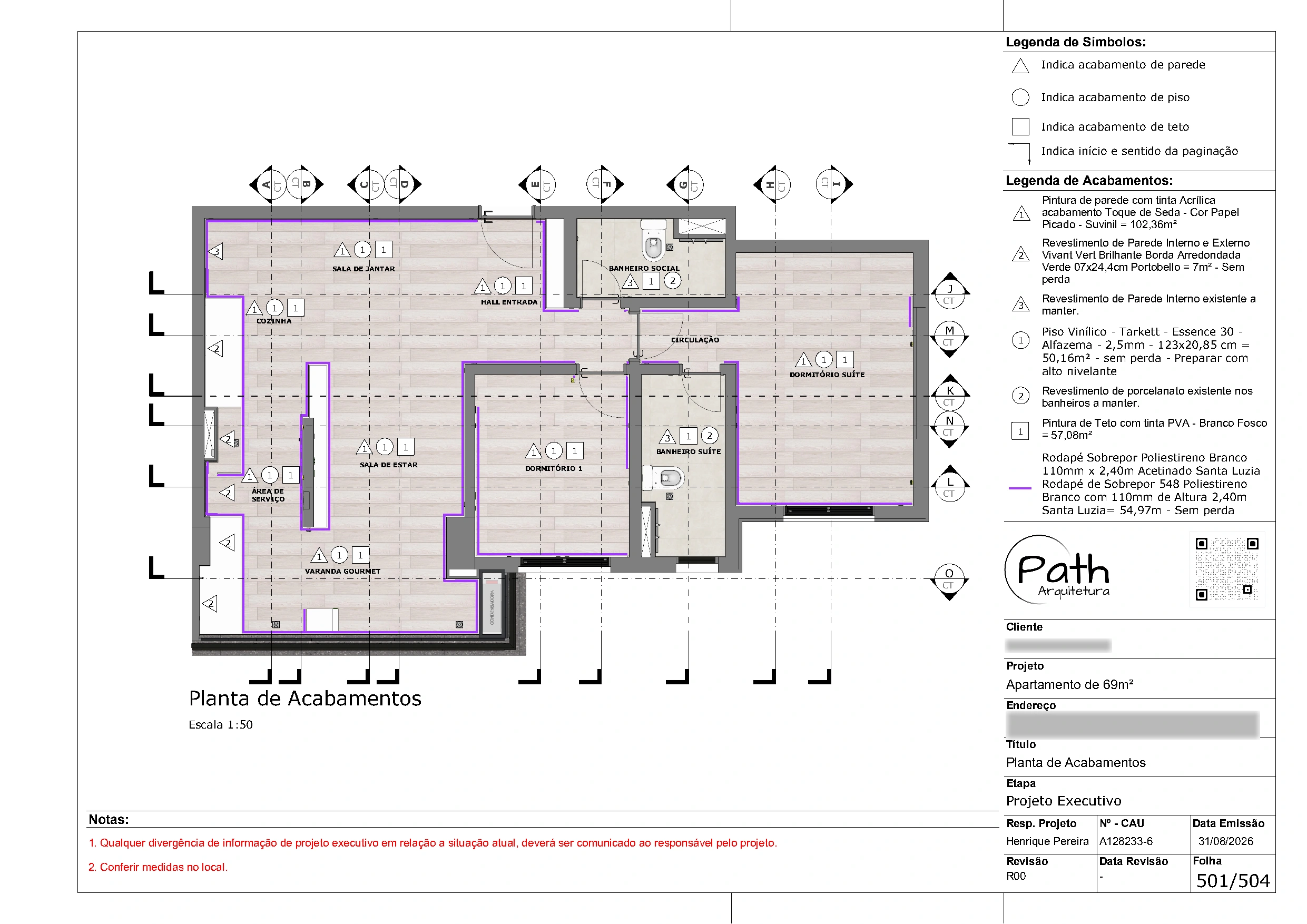 Folha de acabamentos do projeto executivo de São José dos Campos · 69 m²