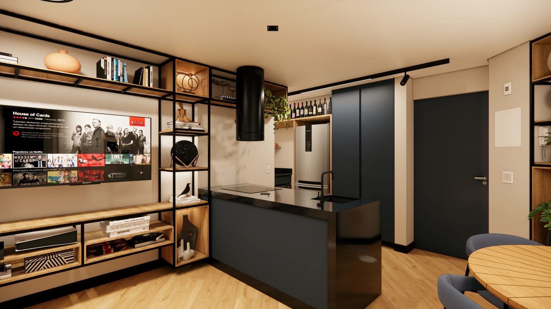 Perspectiva do projeto: cozinha e estrutura metálica