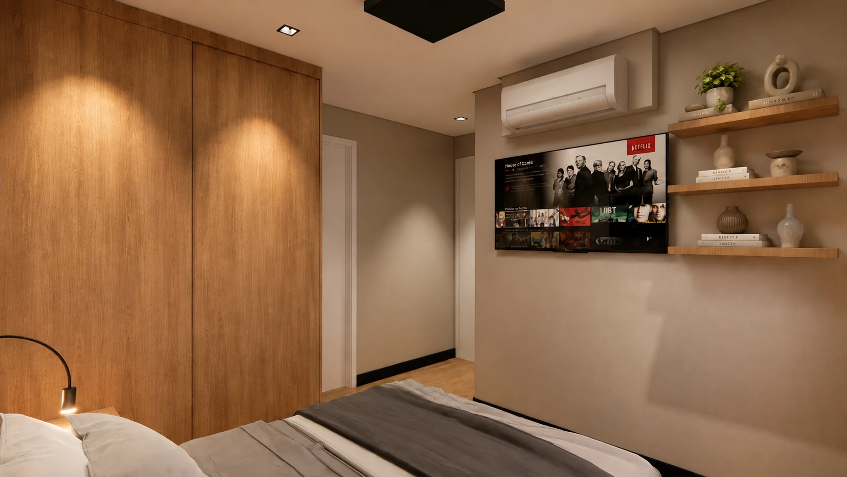 Perspectiva do projeto: dormitório e painel de tv