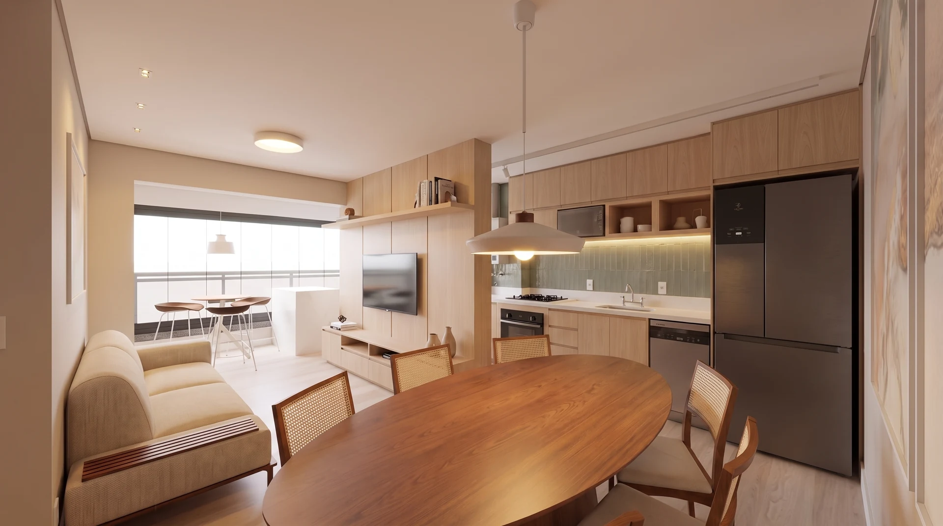 Perspectiva da área social integrada do apartamento em São José dos Campos