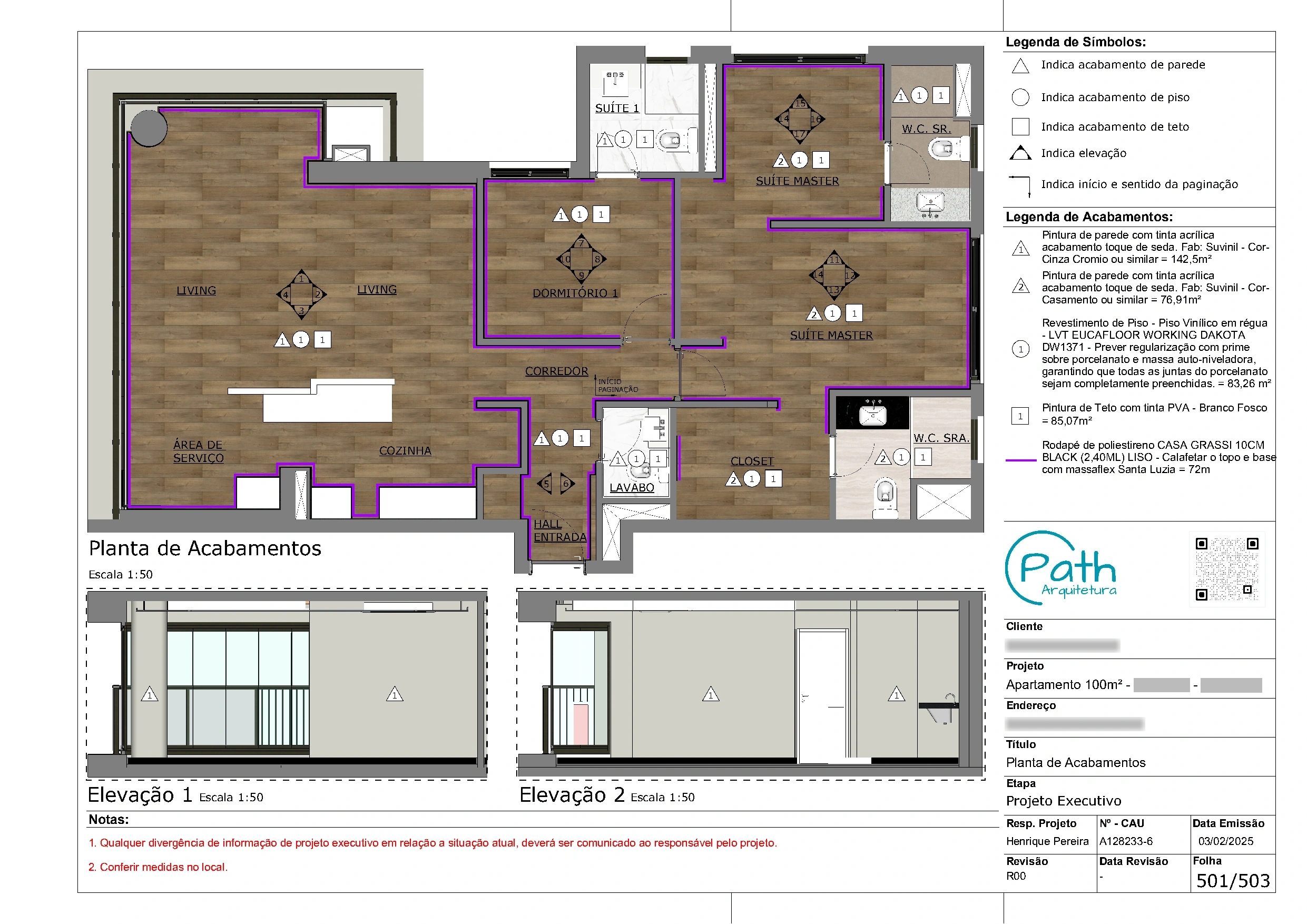 Folha de acabamentos do projeto executivo de apartamento no Brooklin · 100 m²