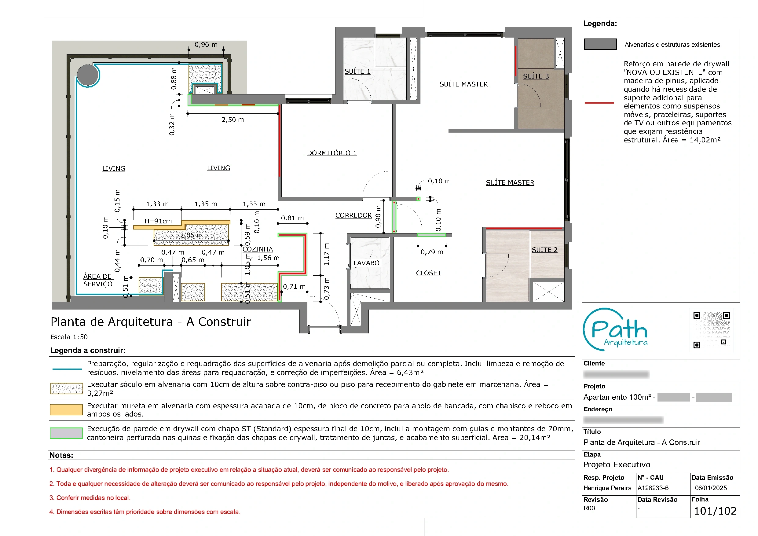 Folha de arquitetura do projeto executivo de apartamento no Brooklin · 100 m²