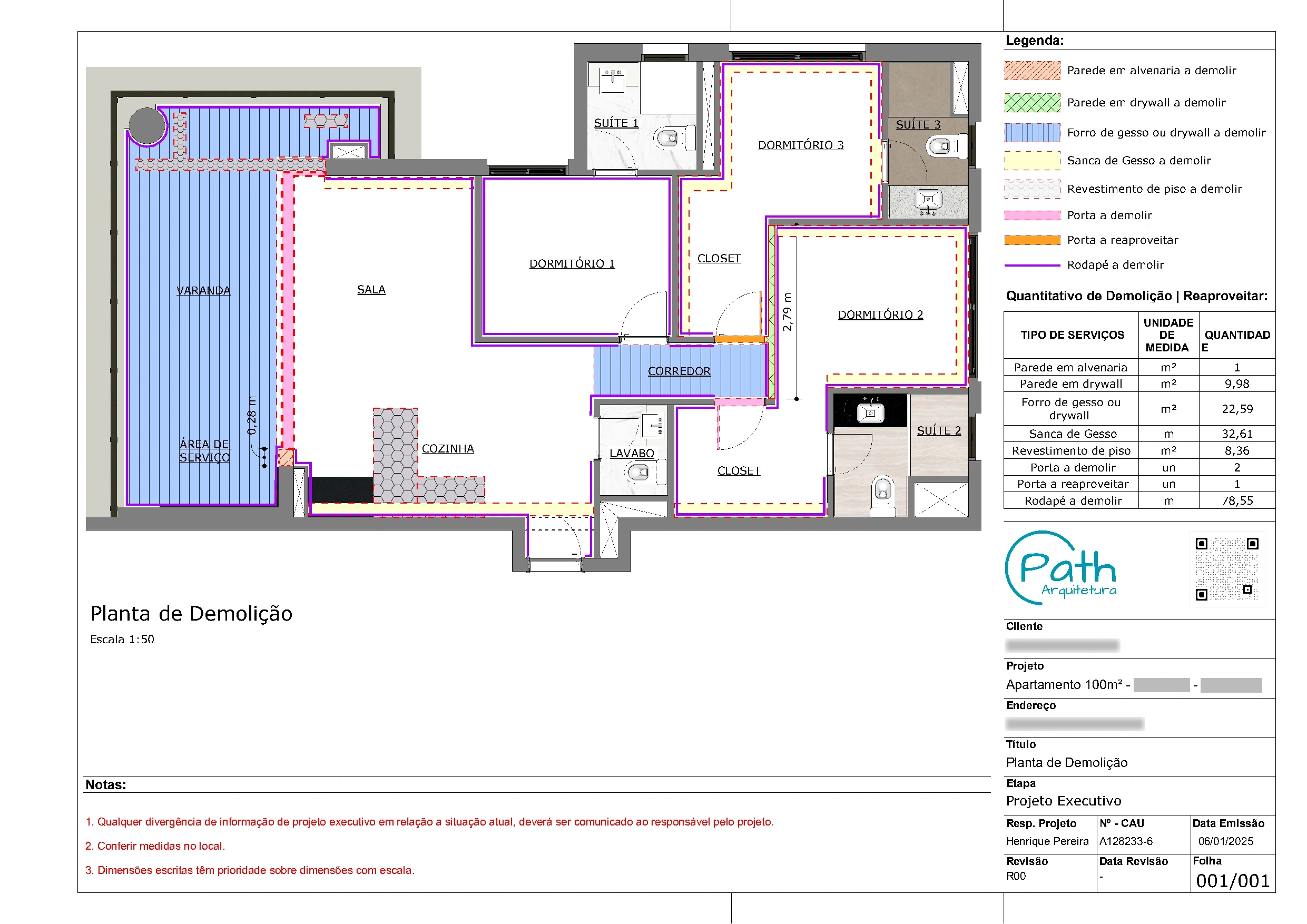 Folha de demolição do projeto executivo de apartamento no Brooklin · 100 m²