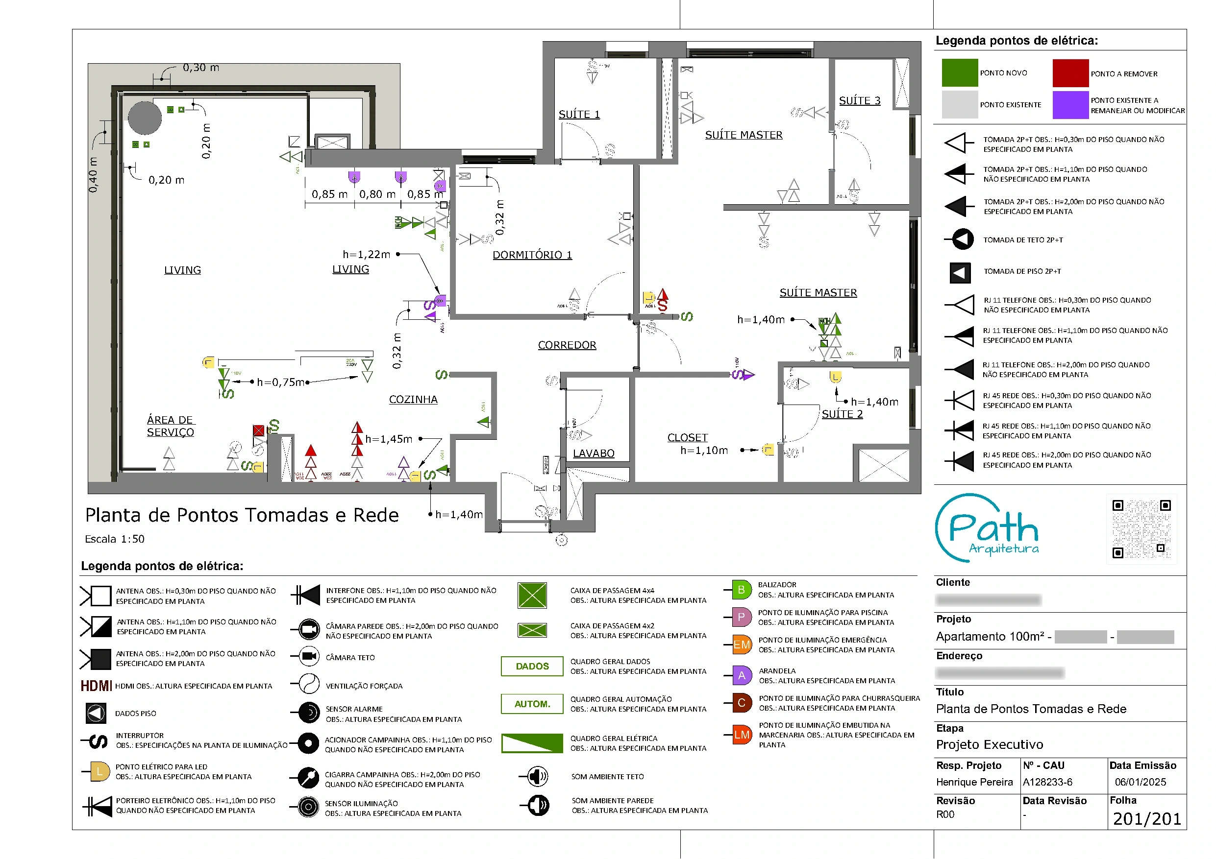 Folha de elétrica e dados do projeto executivo de apartamento no Brooklin · 100 m²
