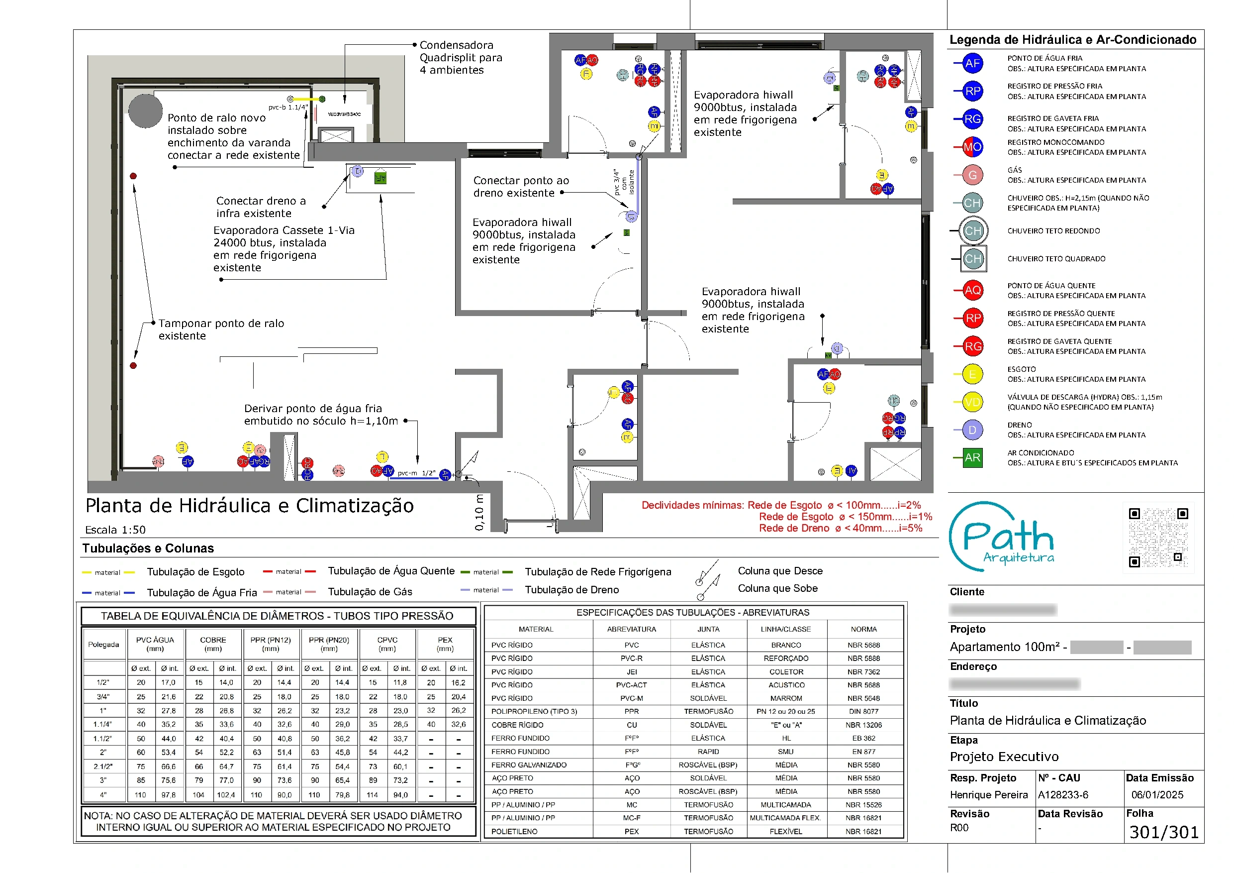 Folha de hidráulica do projeto executivo de apartamento no Brooklin · 100 m²