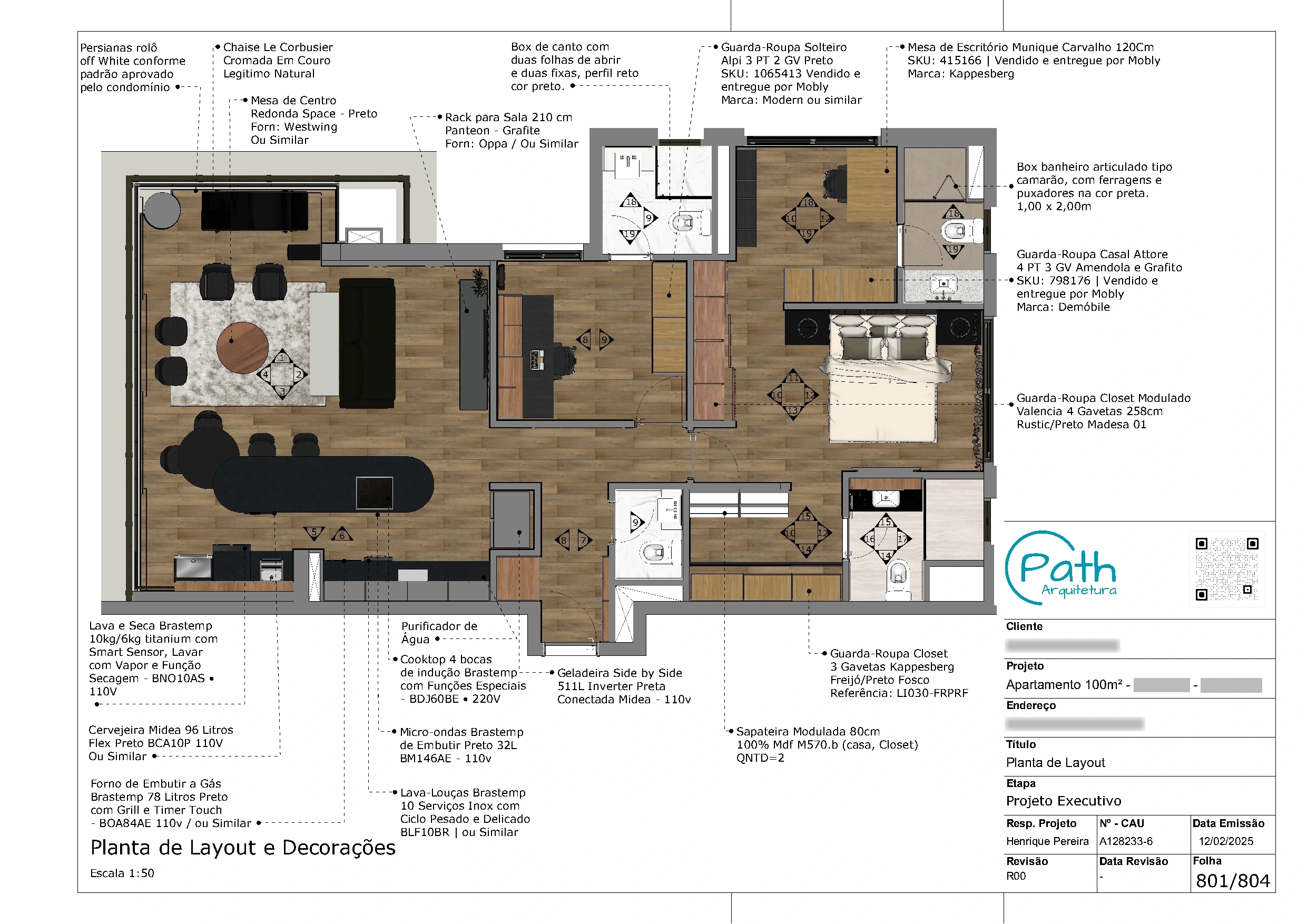 Folha de layout do projeto executivo de apartamento no Brooklin · 100 m²