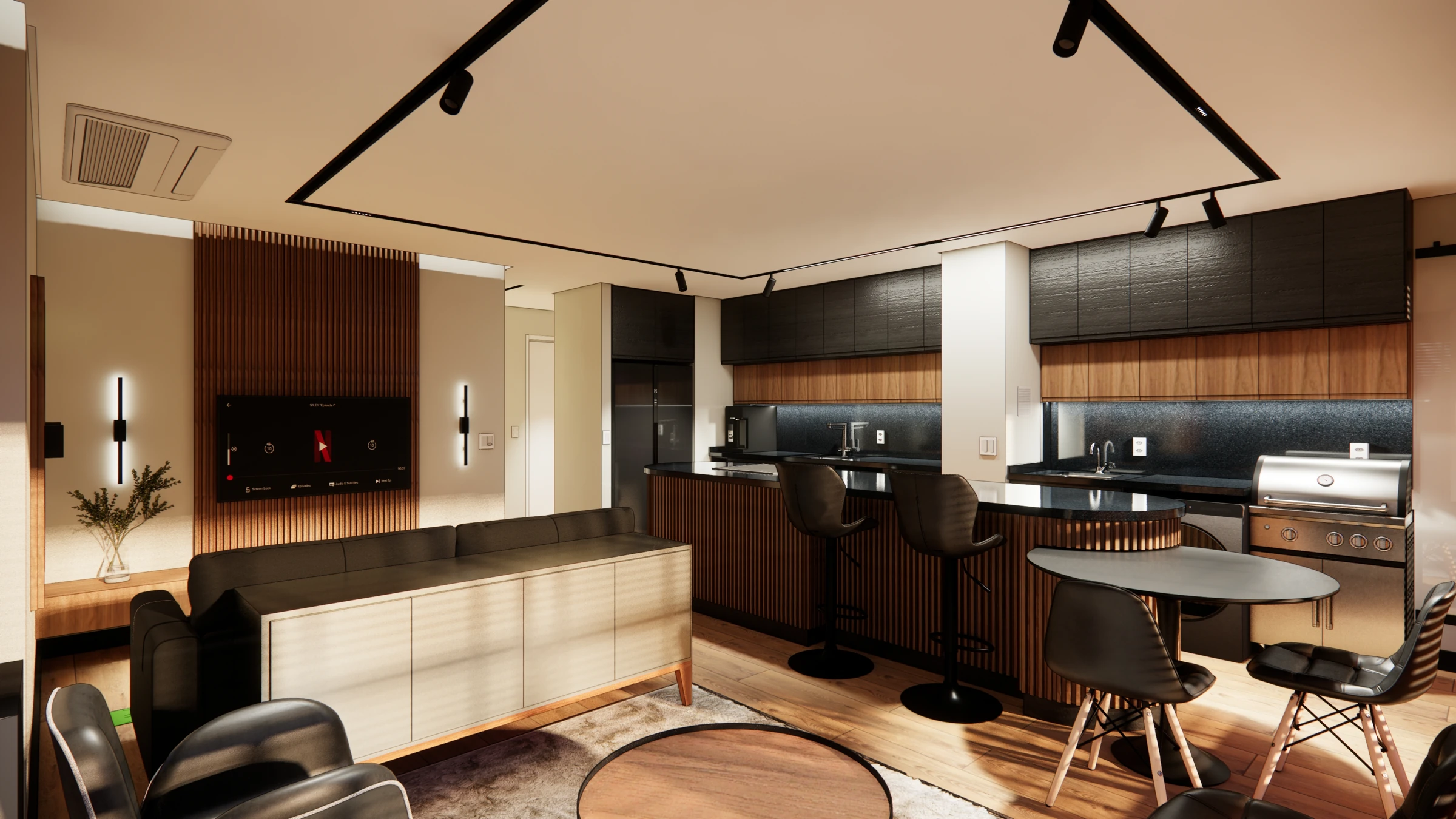 Perspectiva do projeto: Área social · Cozinha e estar