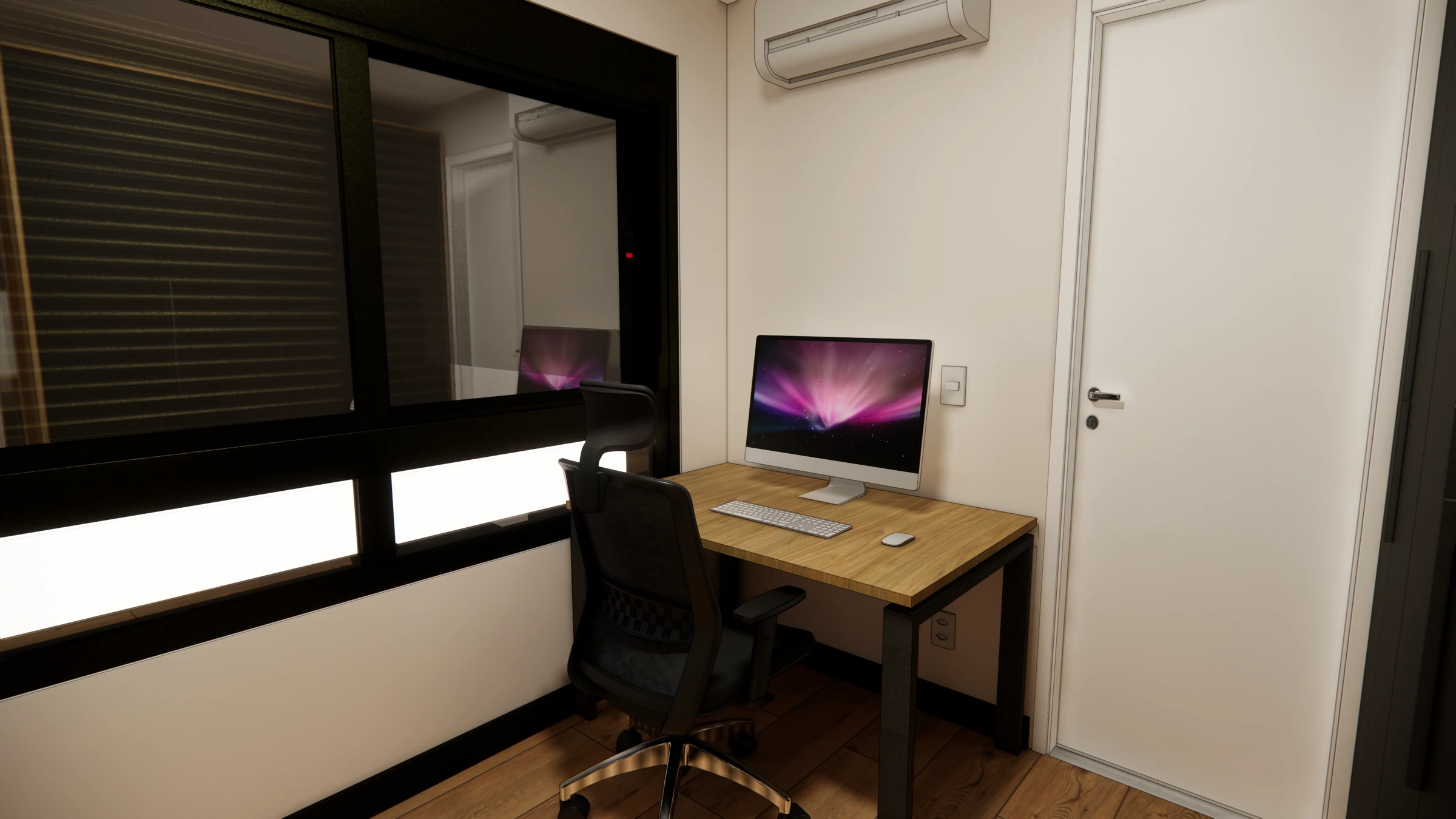 Perspectiva do projeto: Home office · Bancada junto à janela