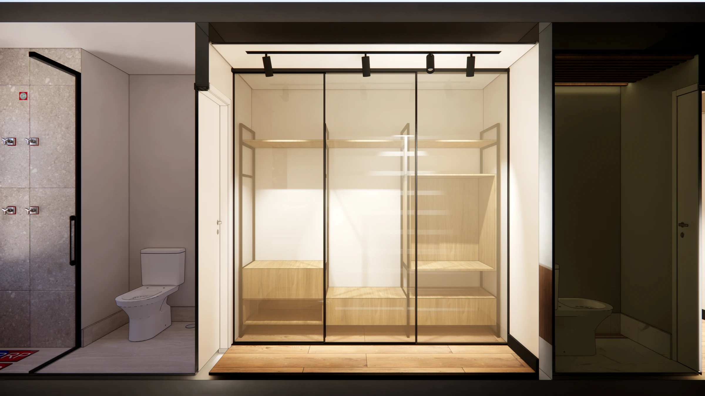 Perspectiva do projeto: Closet e banheiros · Vista em corte