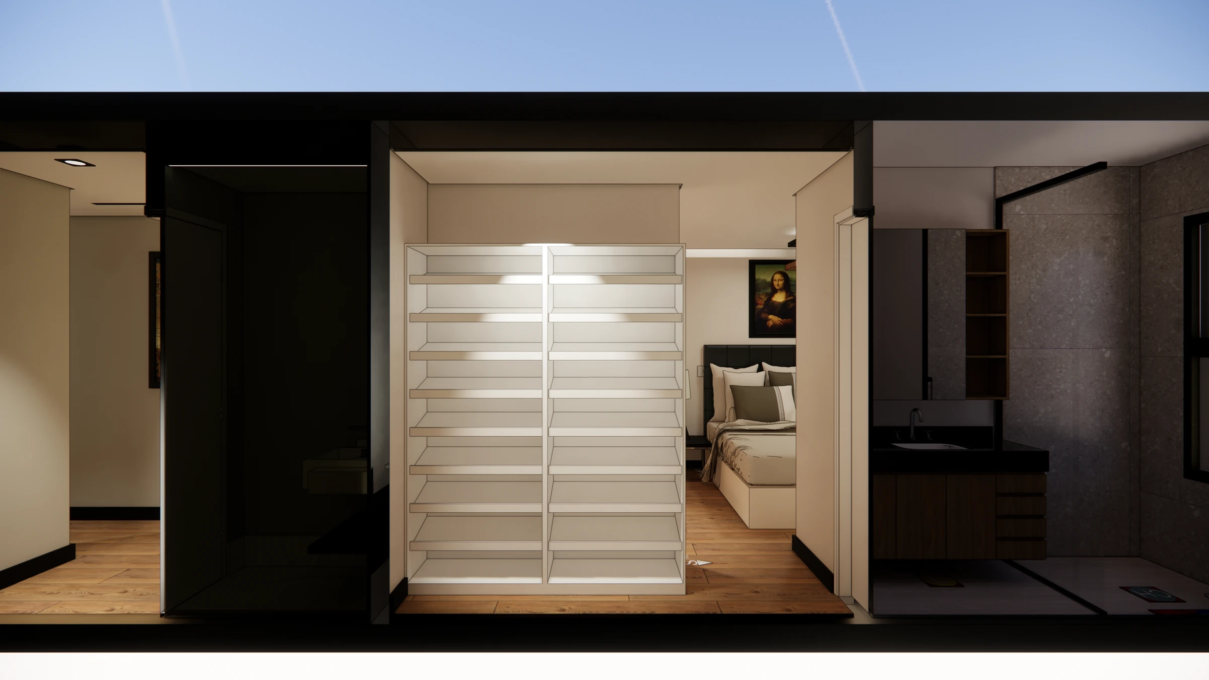 Perspectiva do projeto: Closet · Organização interna em corte