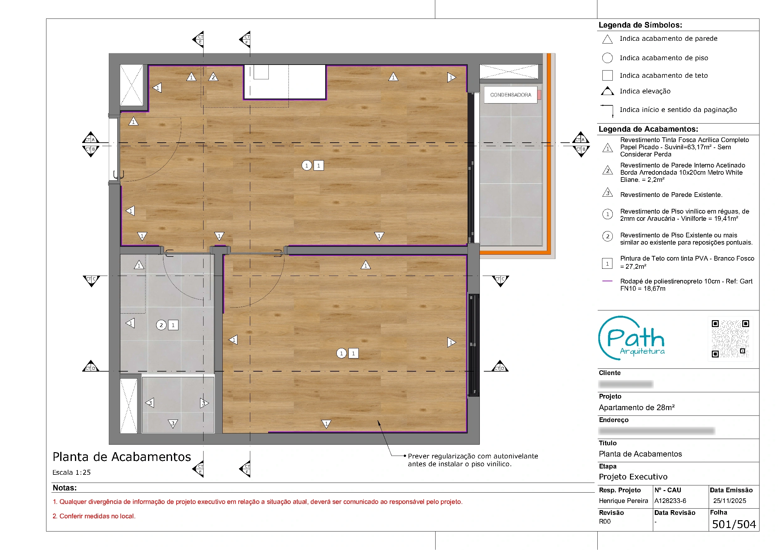 Folha de acabamentos do projeto executivo de studio em Pinheiros · 28 m²