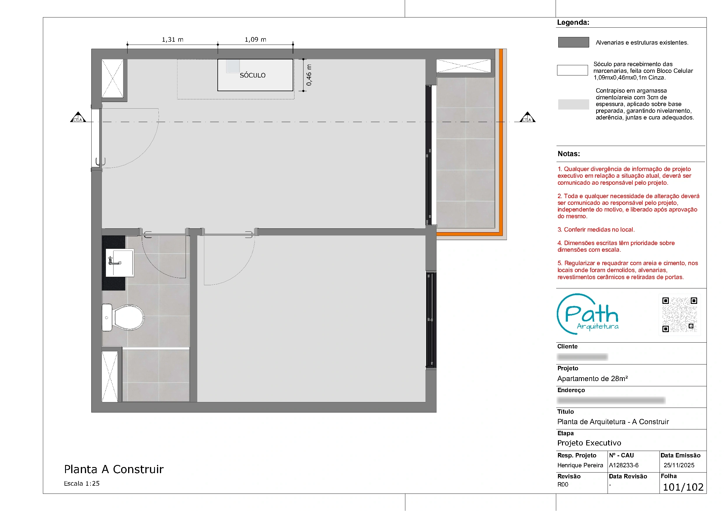 Folha de arquitetura do projeto executivo de studio em Pinheiros · 28 m²