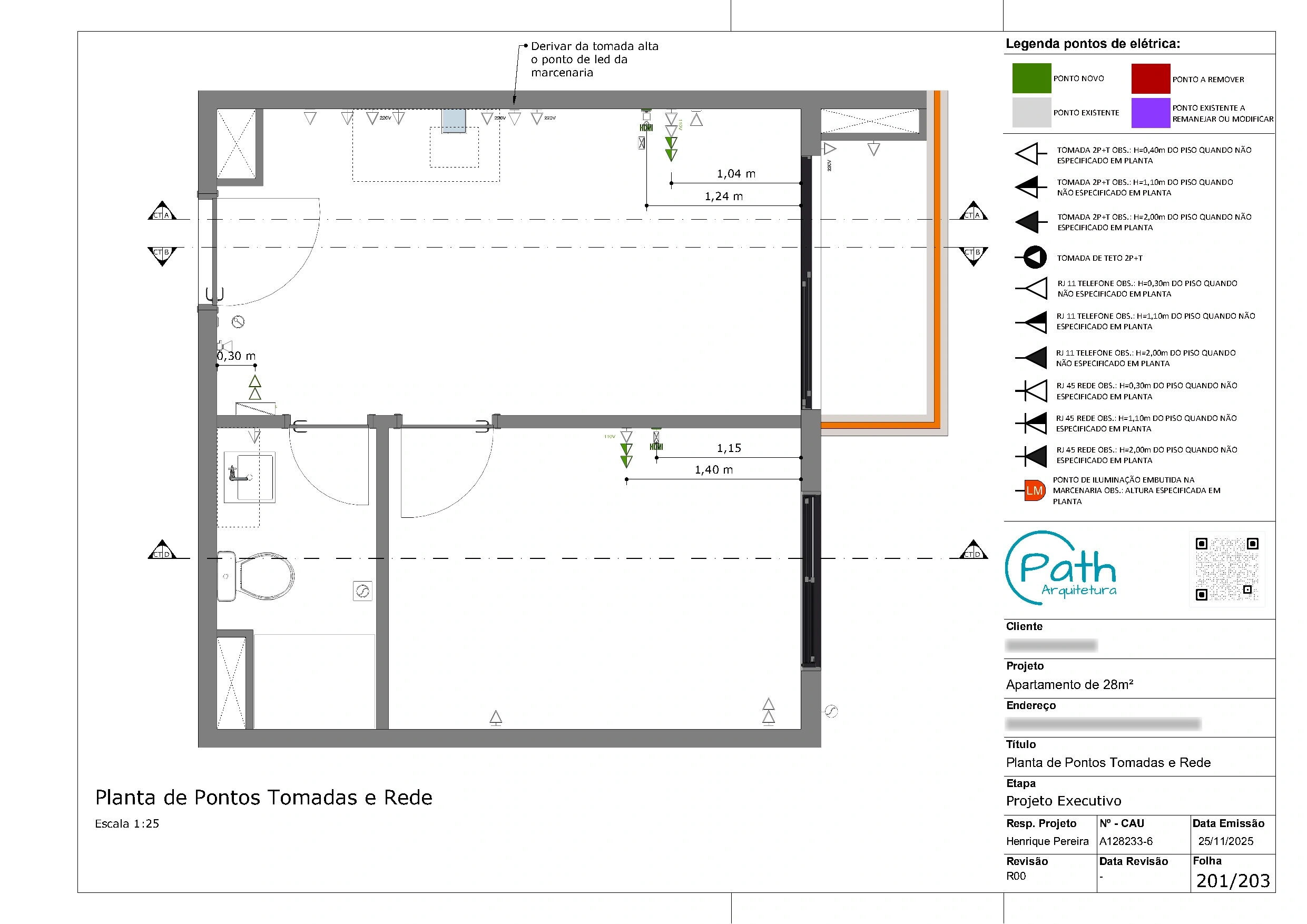 Folha de elétrica e dados do projeto executivo de studio em Pinheiros · 28 m²