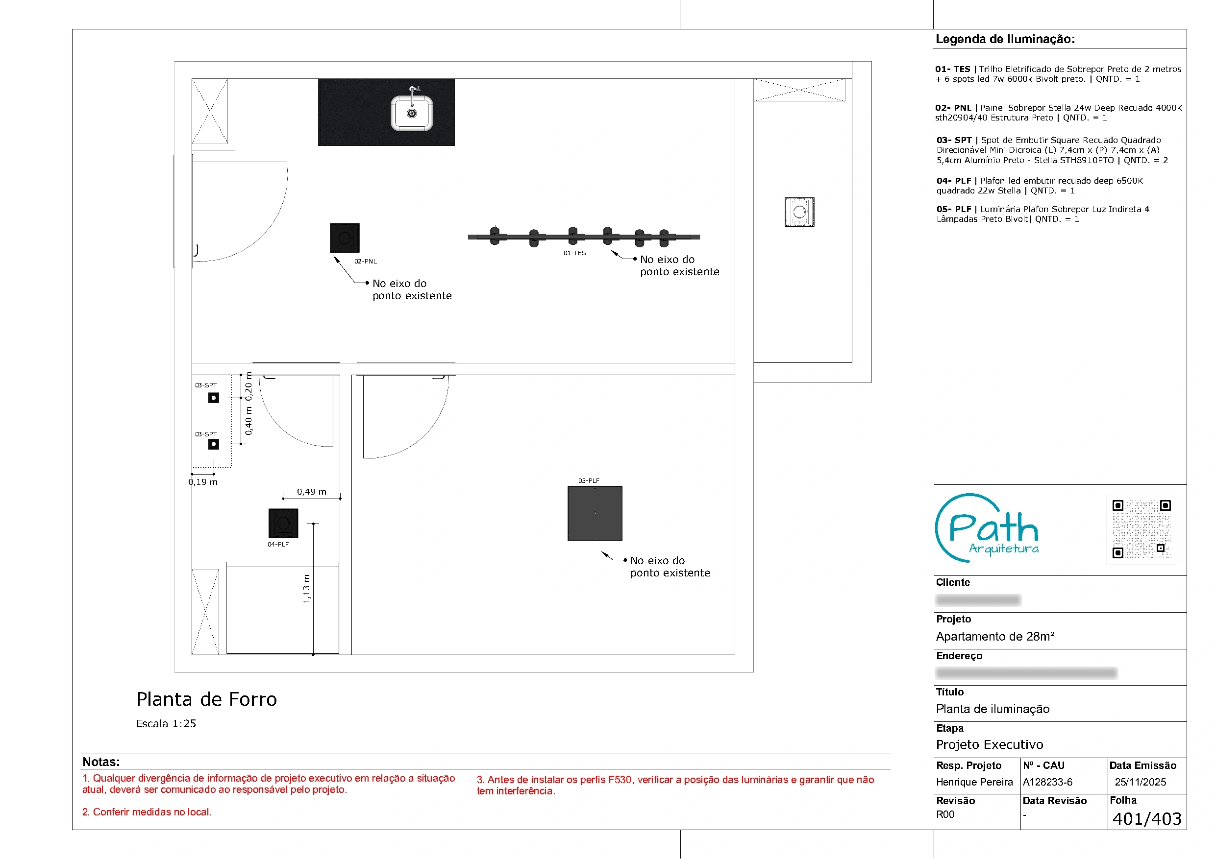 Folha de forro do projeto executivo de studio em Pinheiros · 28 m²