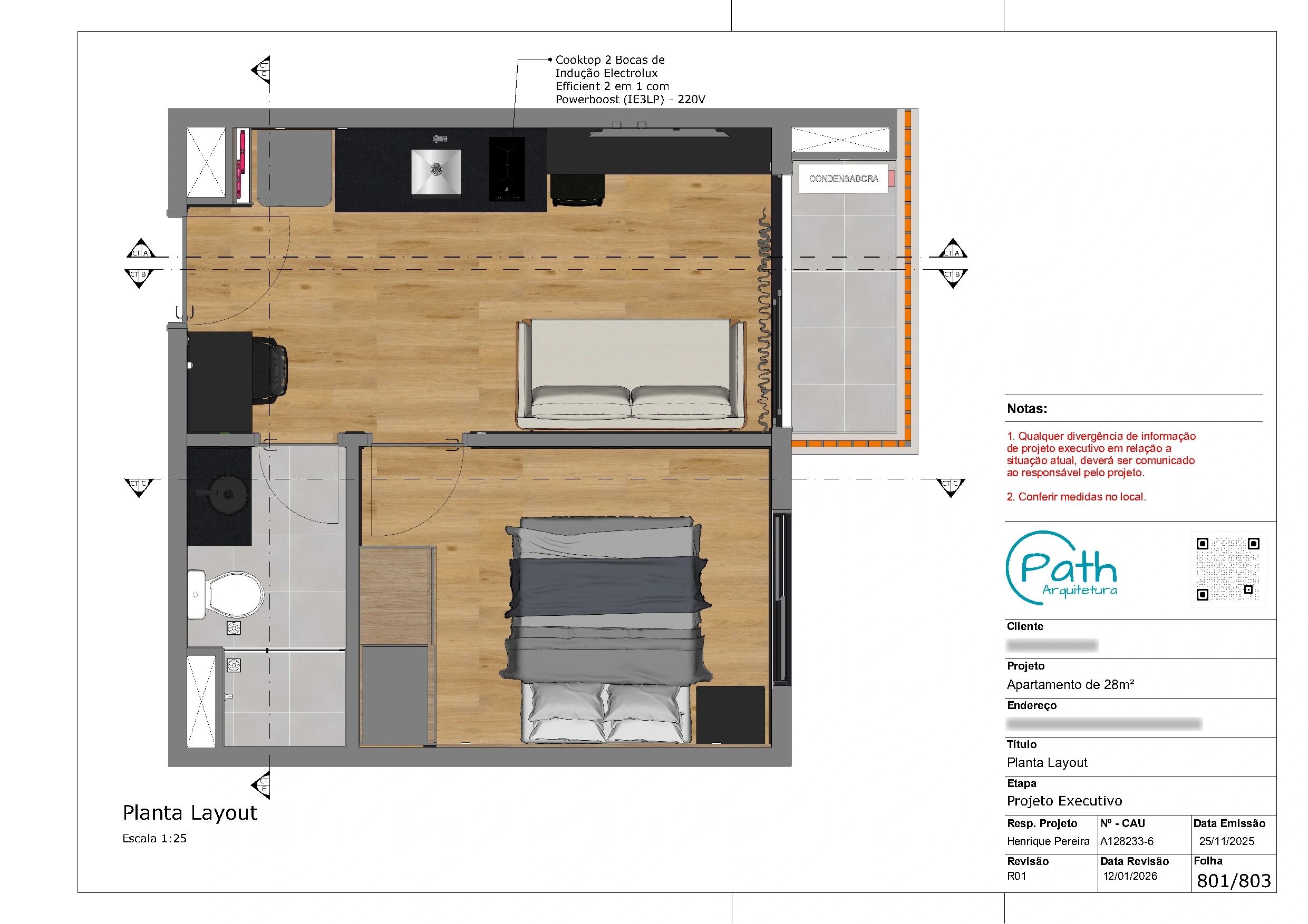 Folha de layout do projeto executivo de studio em Pinheiros · 28 m²