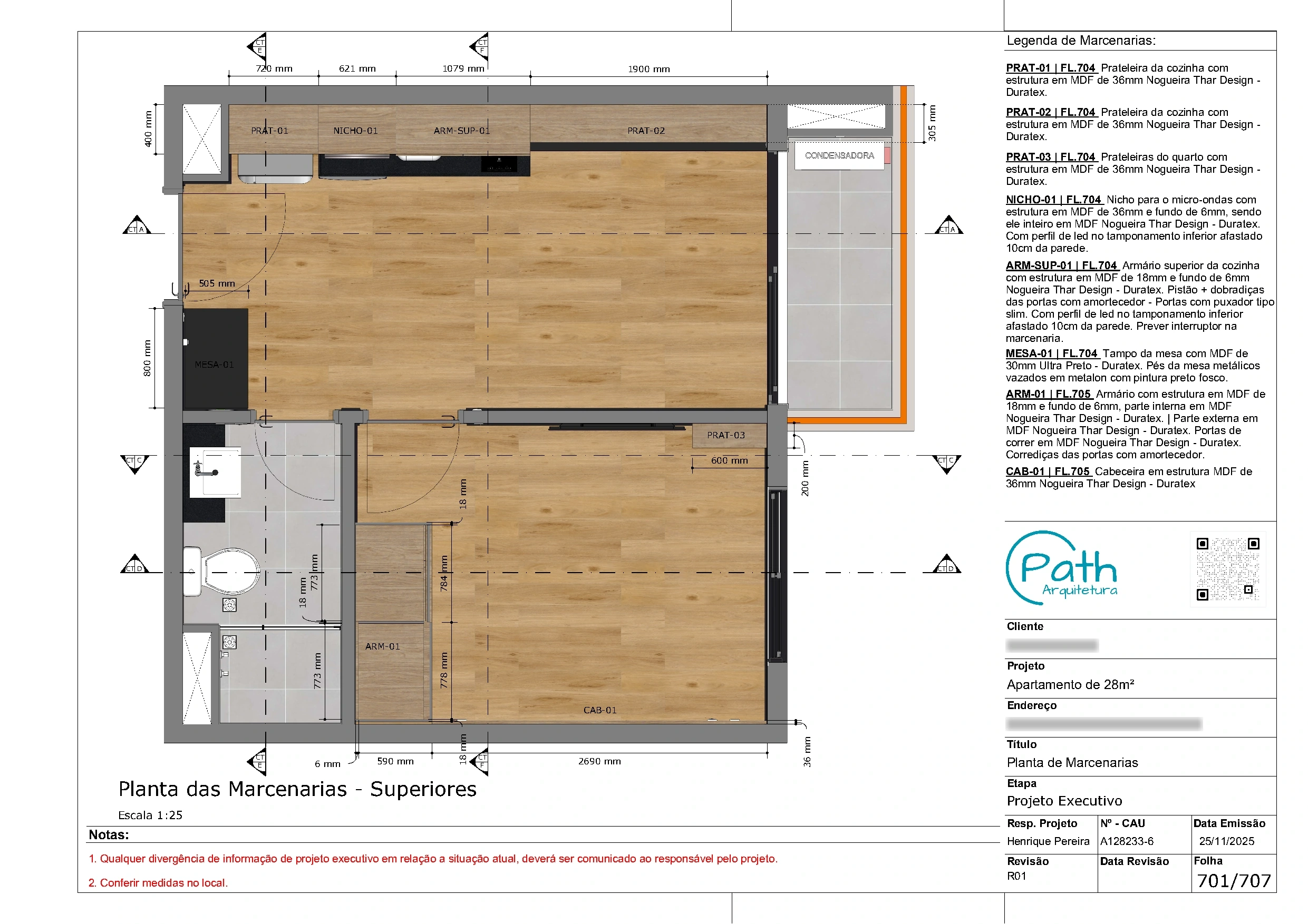 Folha de marcenaria do projeto executivo de studio em Pinheiros · 28 m²