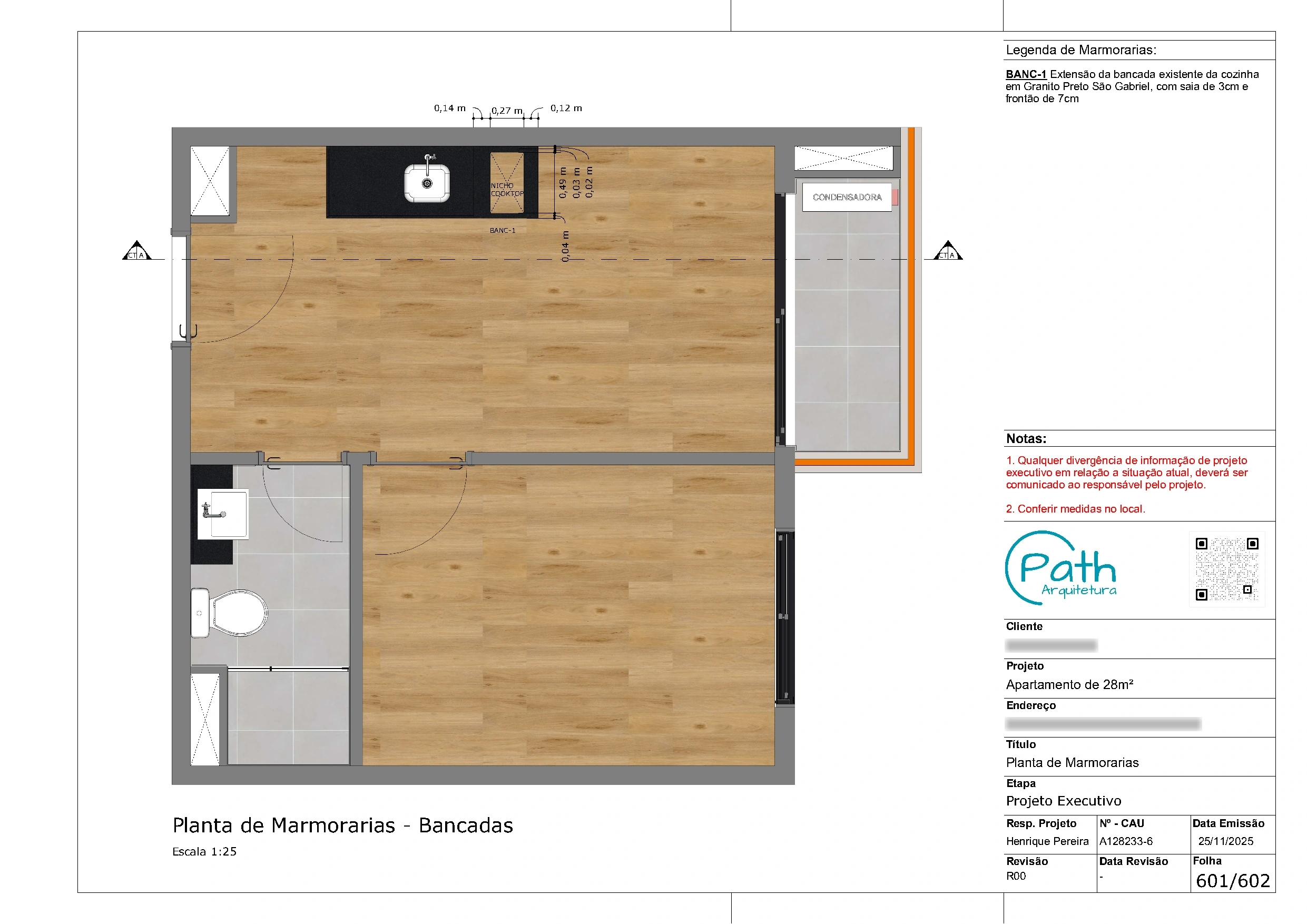 Folha de marmoraria do projeto executivo de studio em Pinheiros · 28 m²