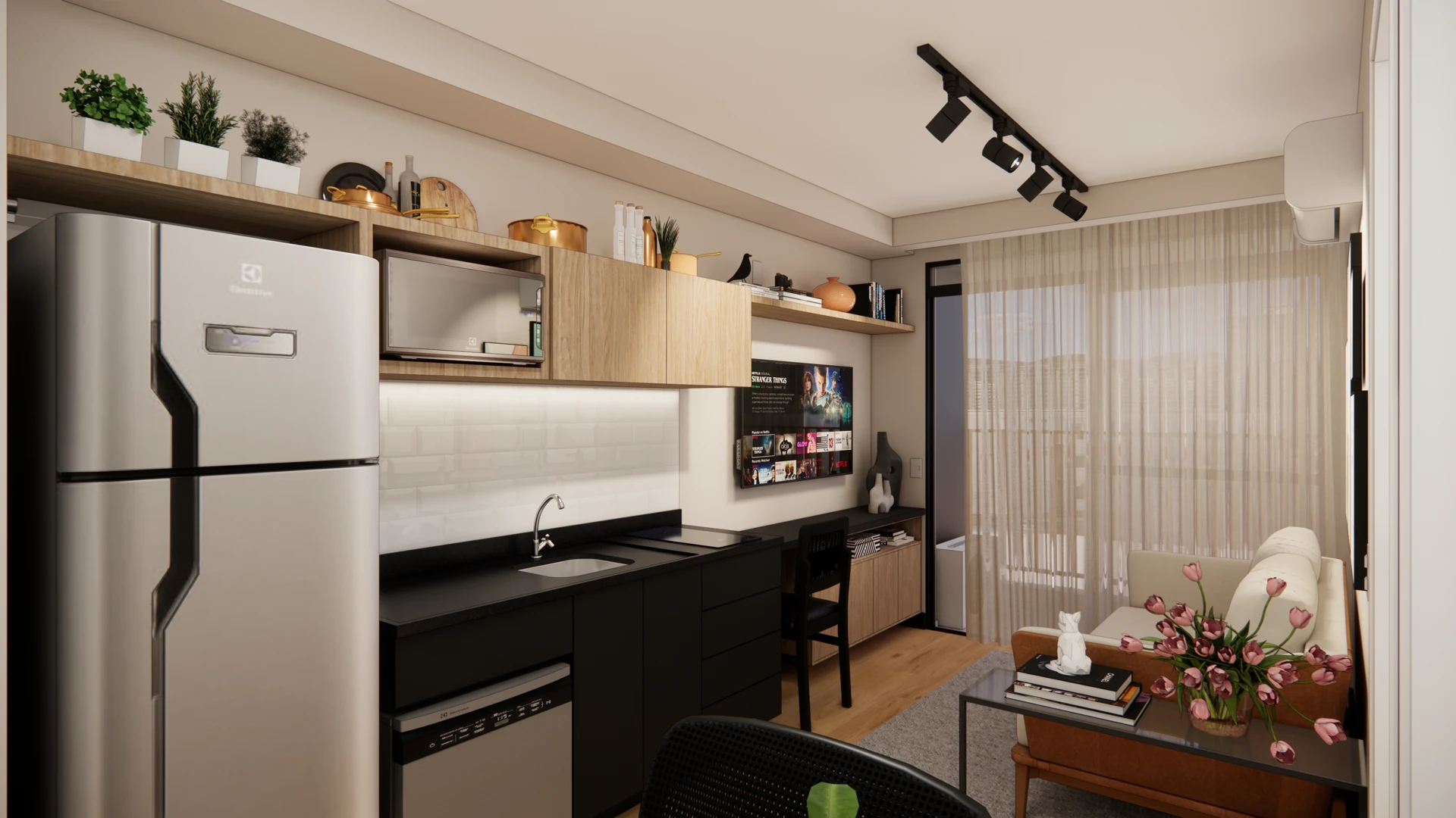 Perspectiva de cozinha e estar do studio de 28 metros quadrados em Pinheiros