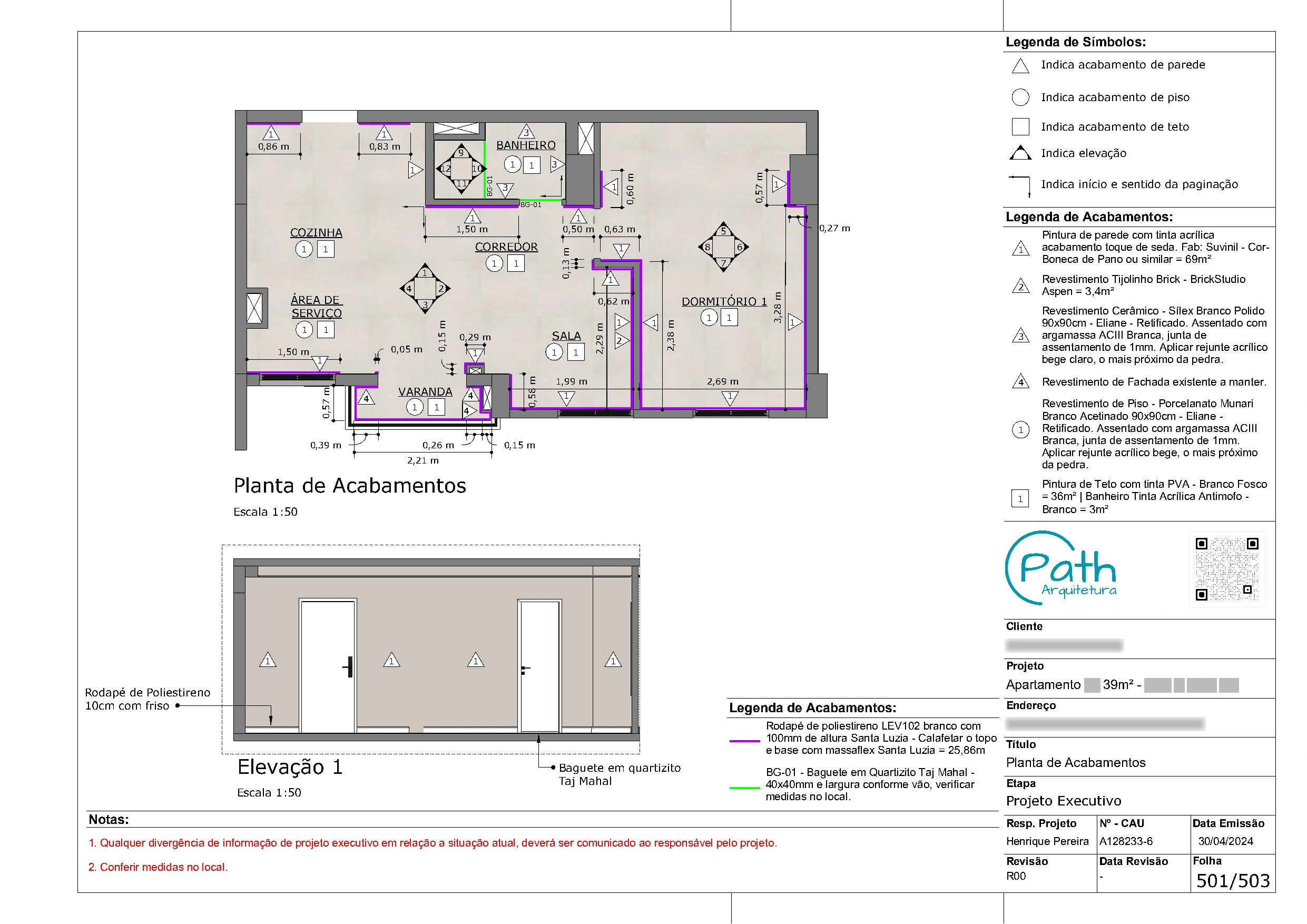 Folha de acabamentos do projeto executivo de apartamento de 39 m²