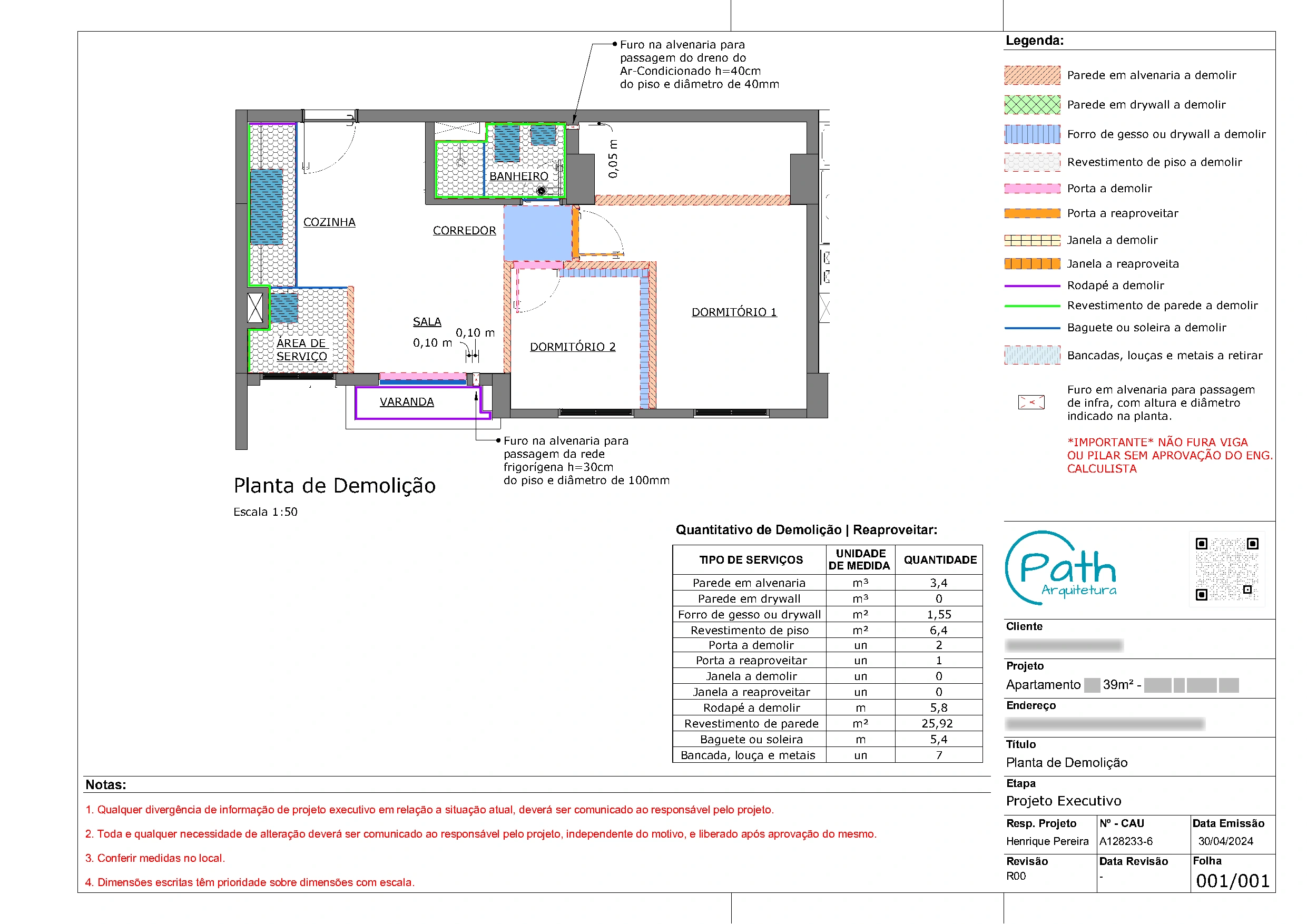 Folha de demolição do projeto executivo de apartamento de 39 m²