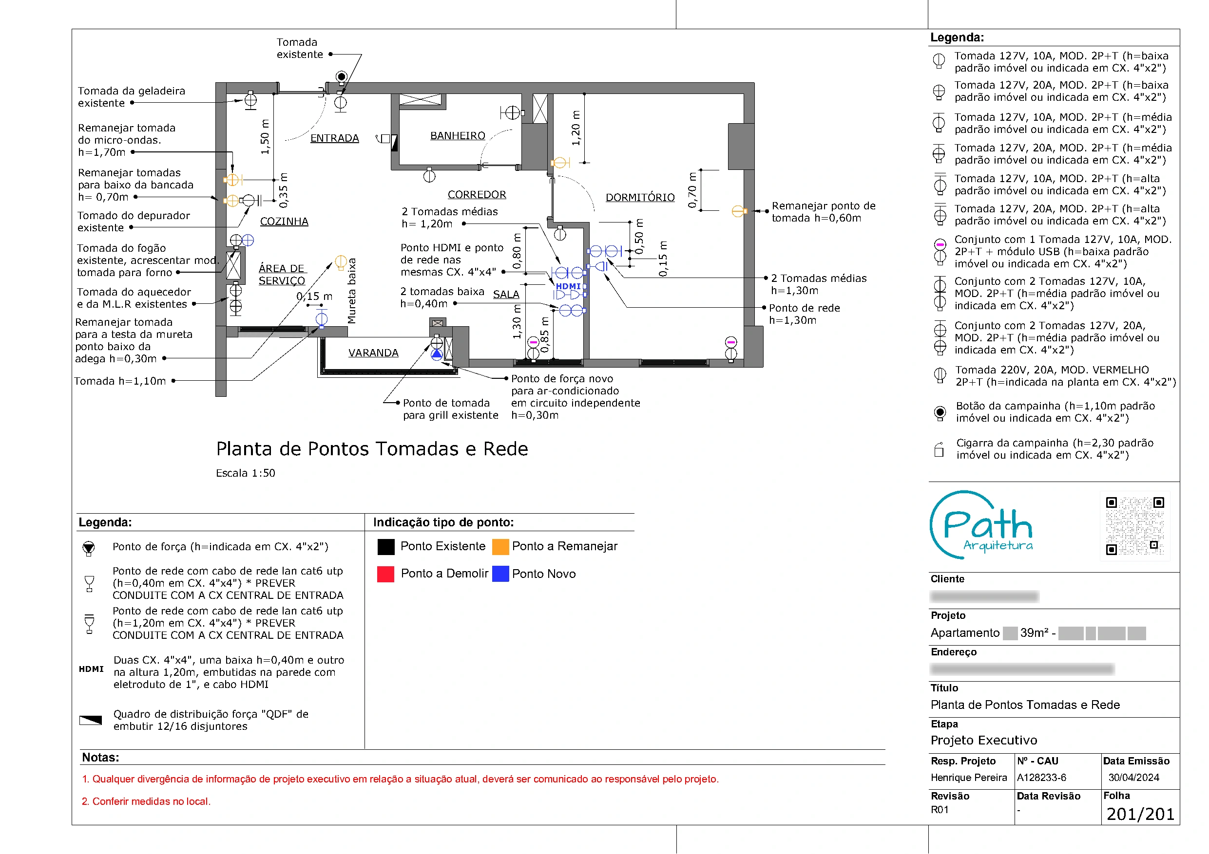 Folha de elétrica e dados do projeto executivo de apartamento de 39 m²