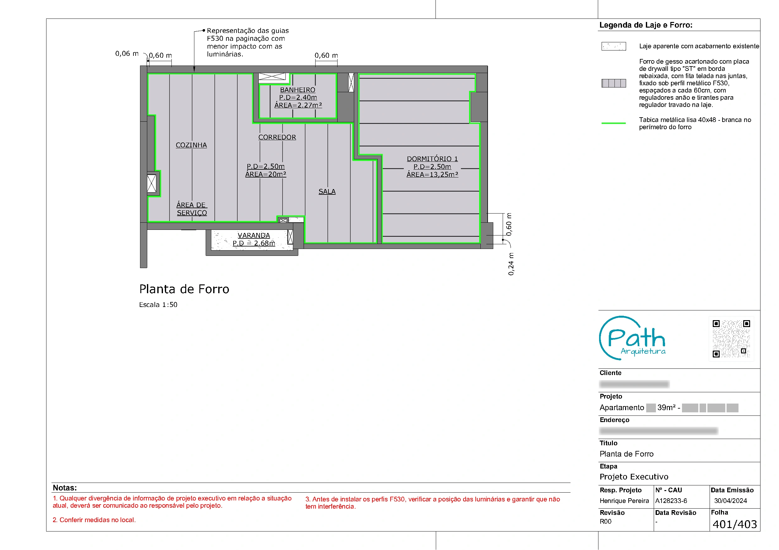 Folha de forro do projeto executivo de apartamento de 39 m²