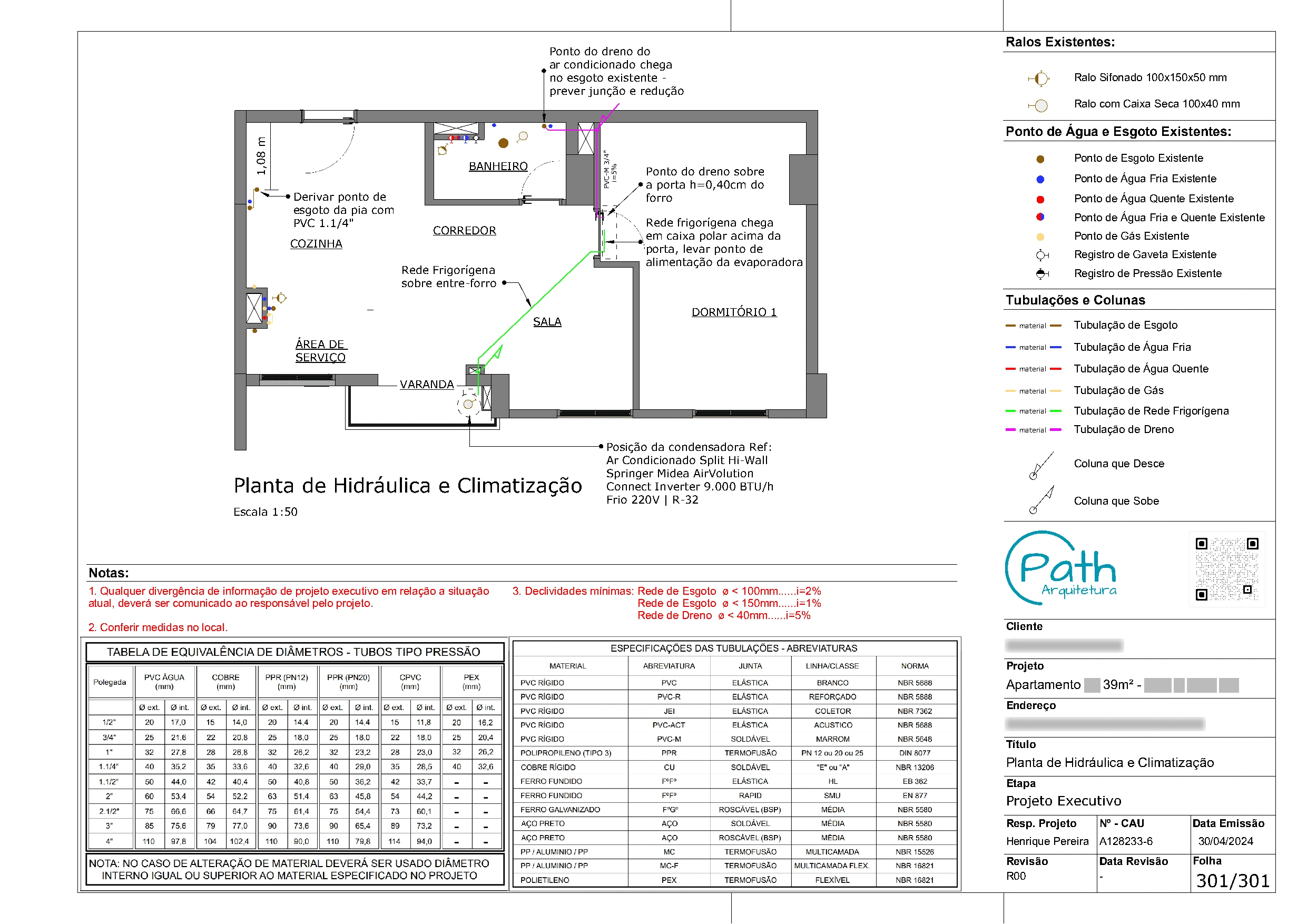 Folha de hidráulica do projeto executivo de apartamento de 39 m²