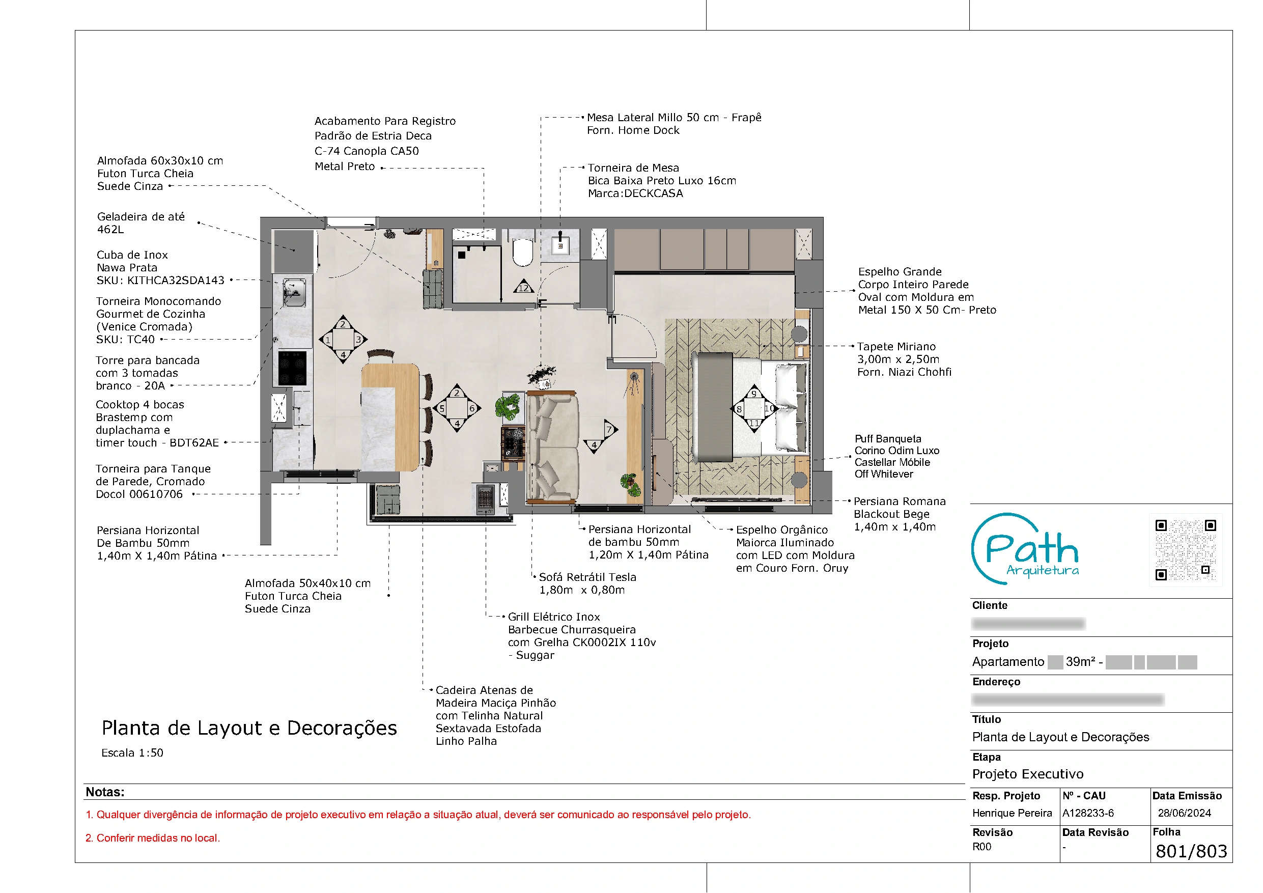 Folha de layout do projeto executivo de apartamento de 39 m²