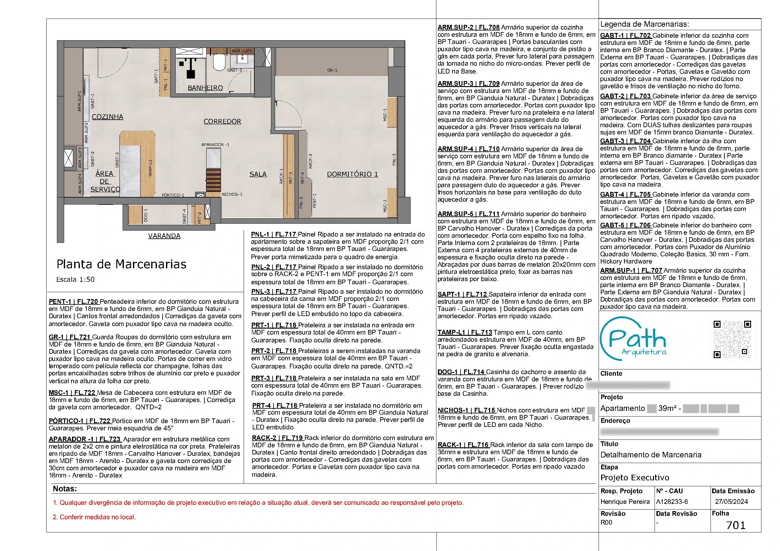 Folha de marcenaria do projeto executivo de apartamento de 39 m²