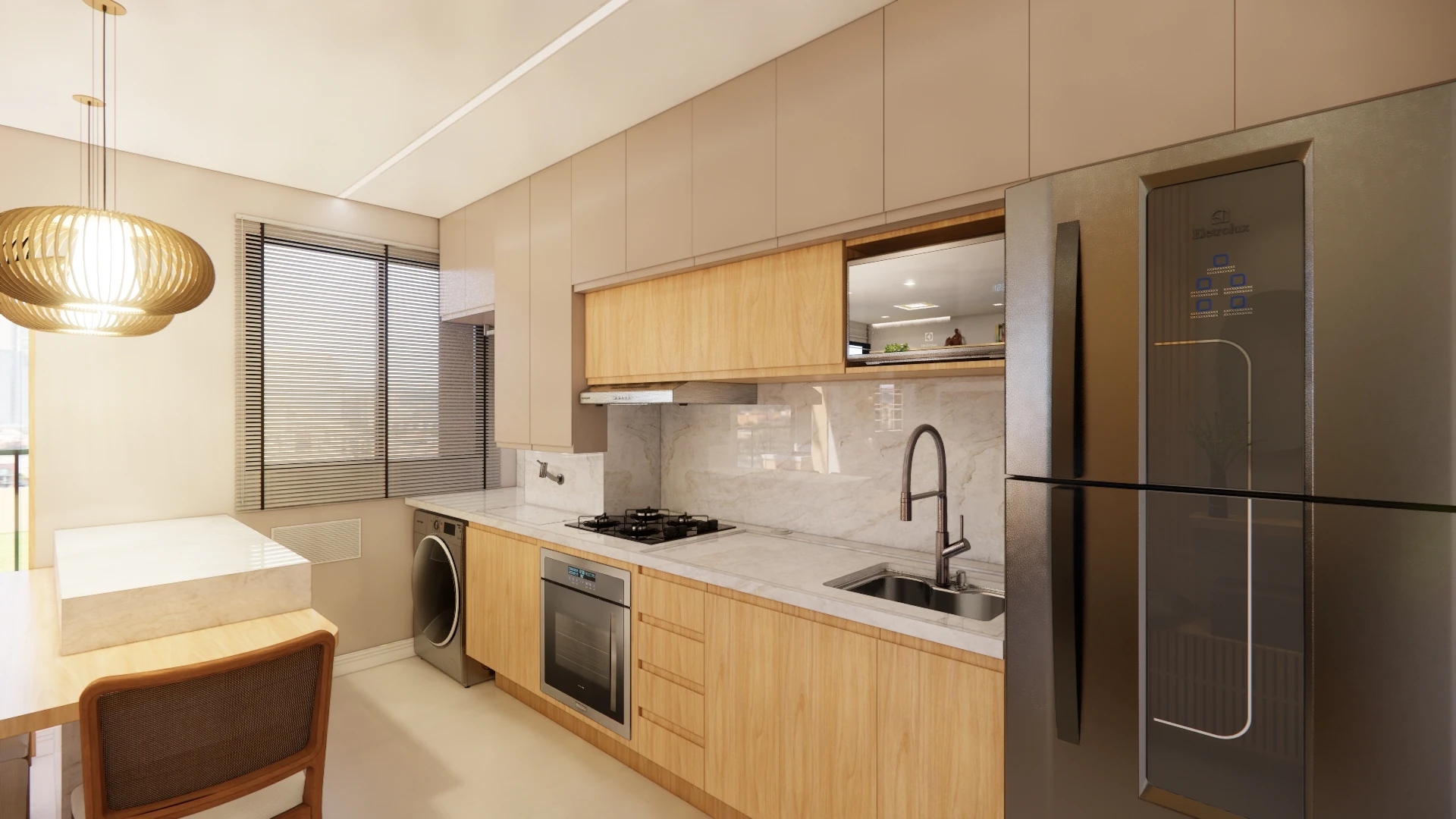 Perspectiva do projeto: Cozinha · Bancada e equipamentos