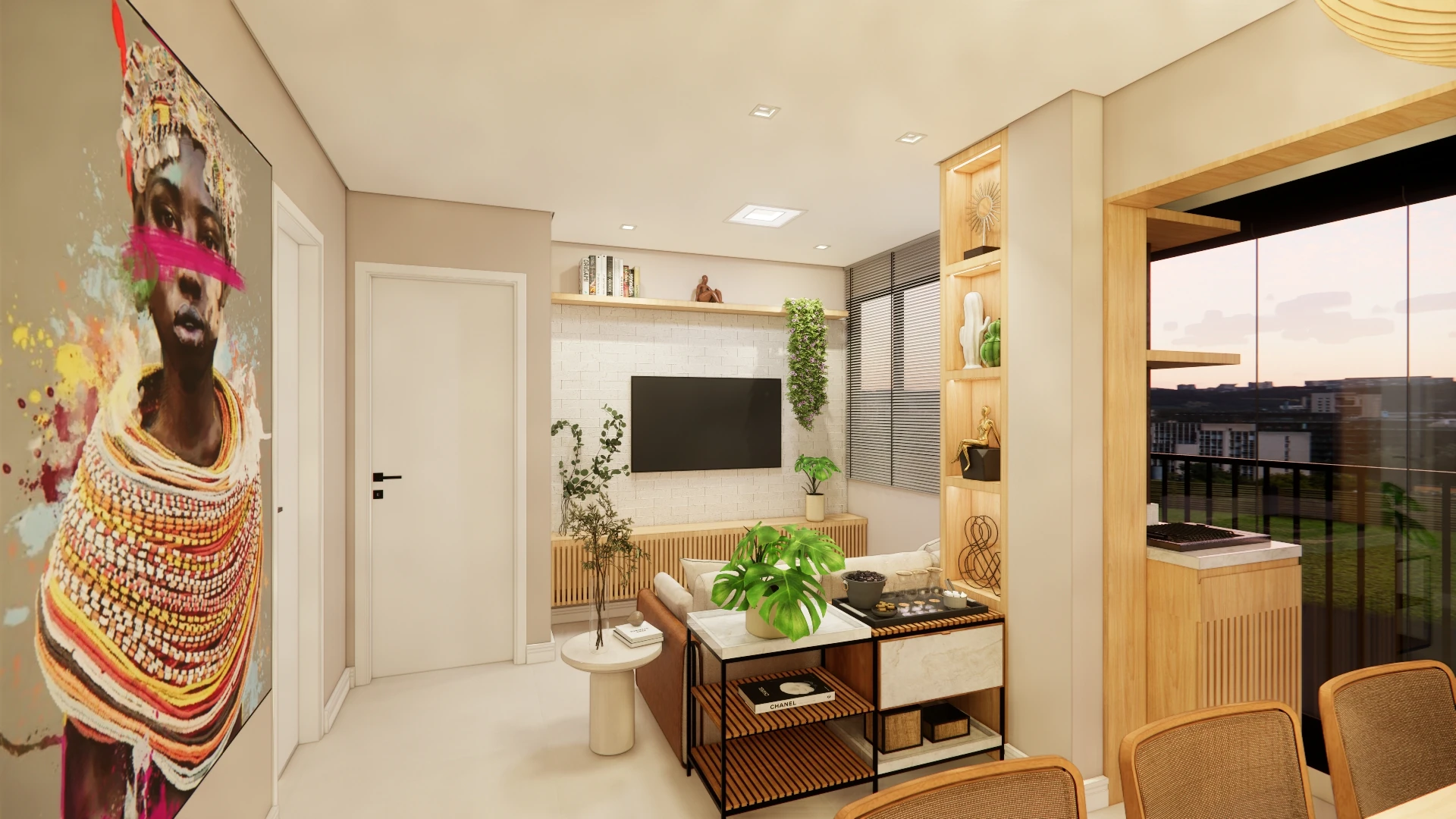 Perspectiva do estar integrado no apartamento de 39 metros quadrados