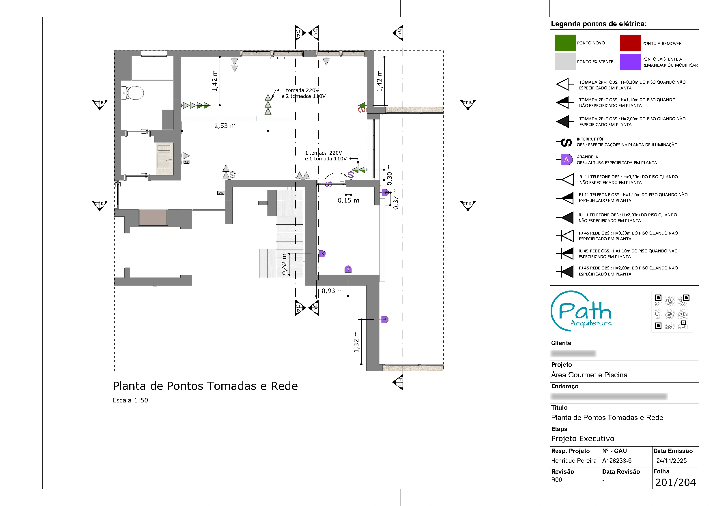 Folha de elétrica e dados do projeto executivo de cobertura duplex de 403 m²