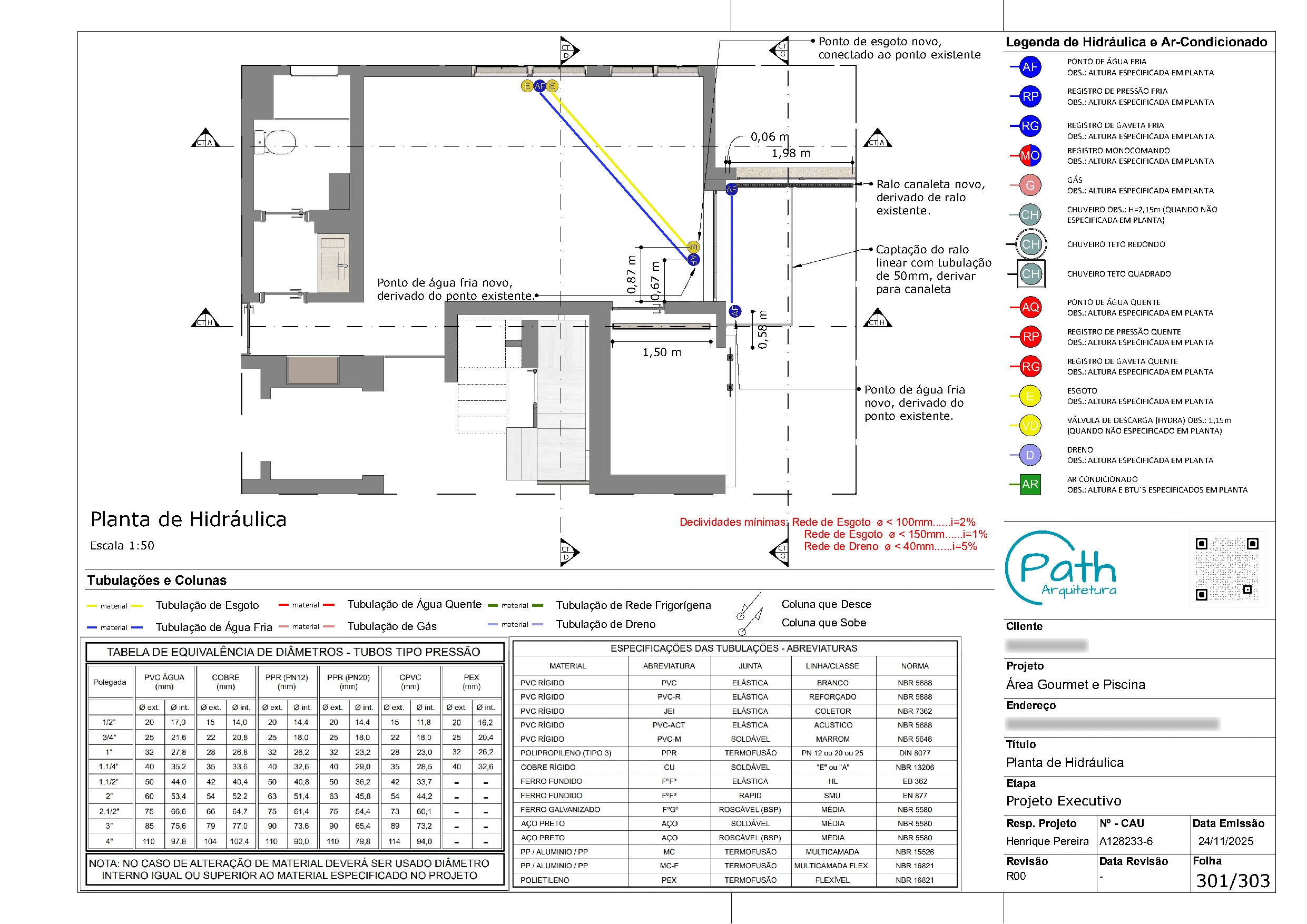 Folha de hidráulica do projeto executivo de cobertura duplex de 403 m²