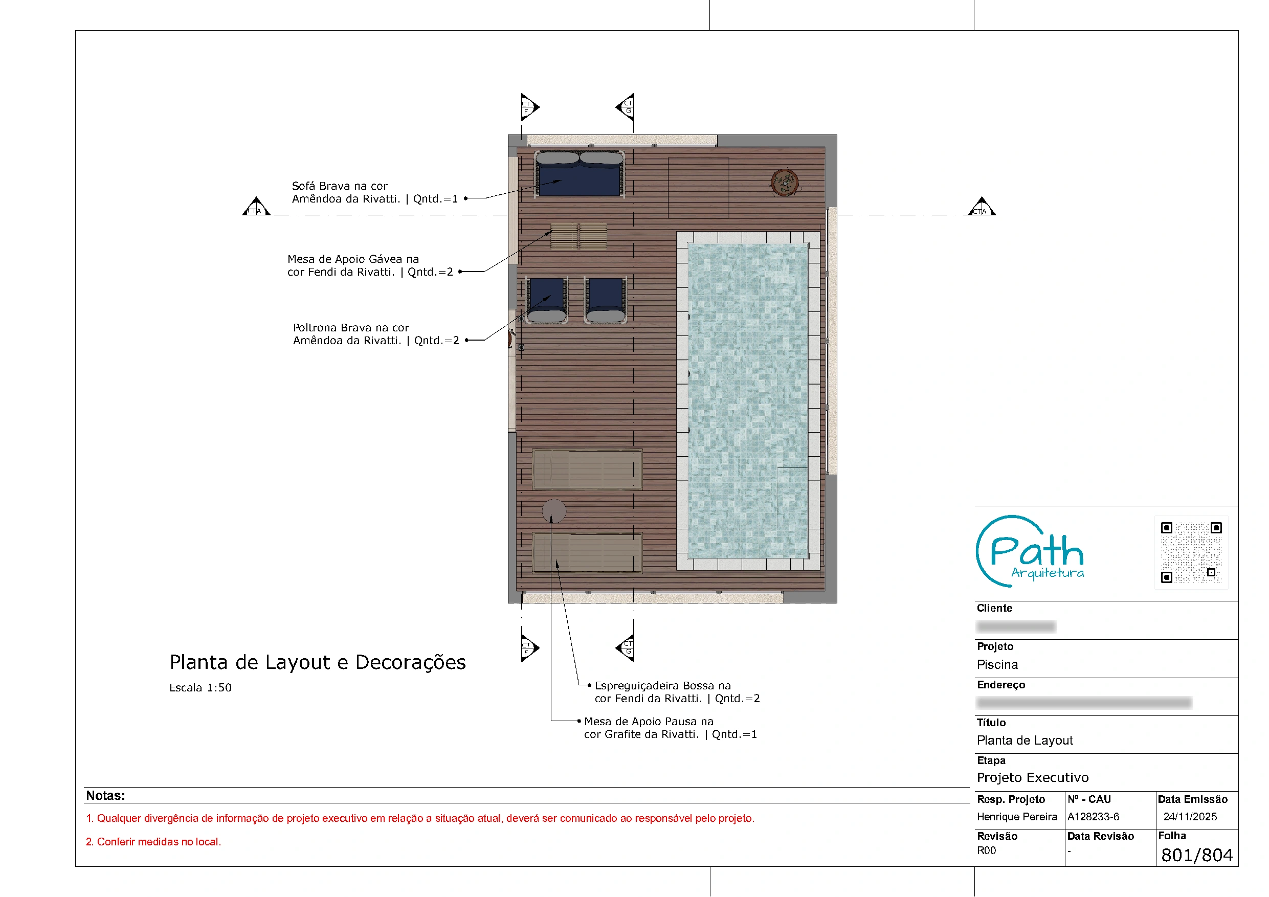 Folha de layout do projeto executivo de cobertura duplex de 403 m²