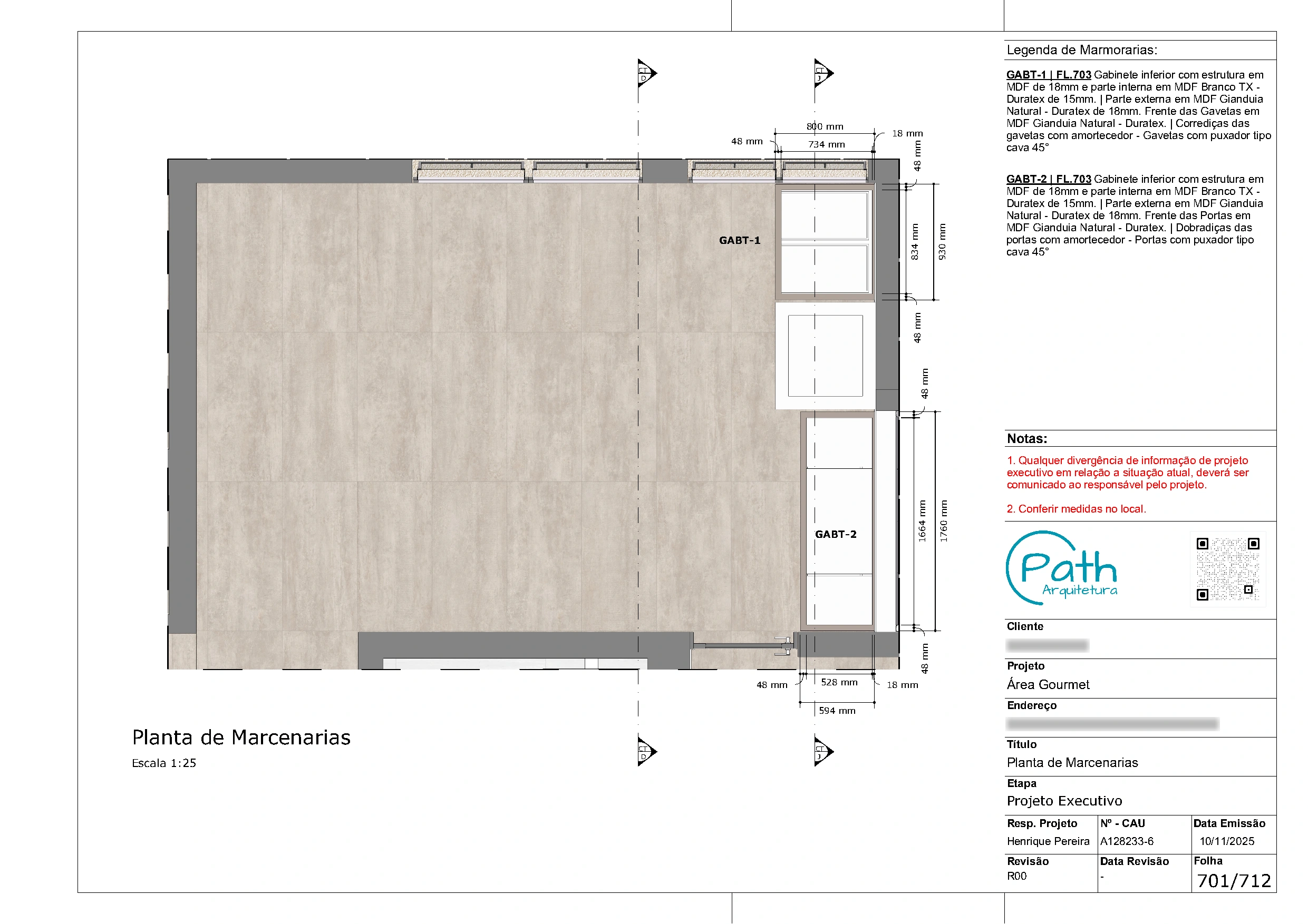 Folha de marcenaria do projeto executivo de cobertura duplex de 403 m²