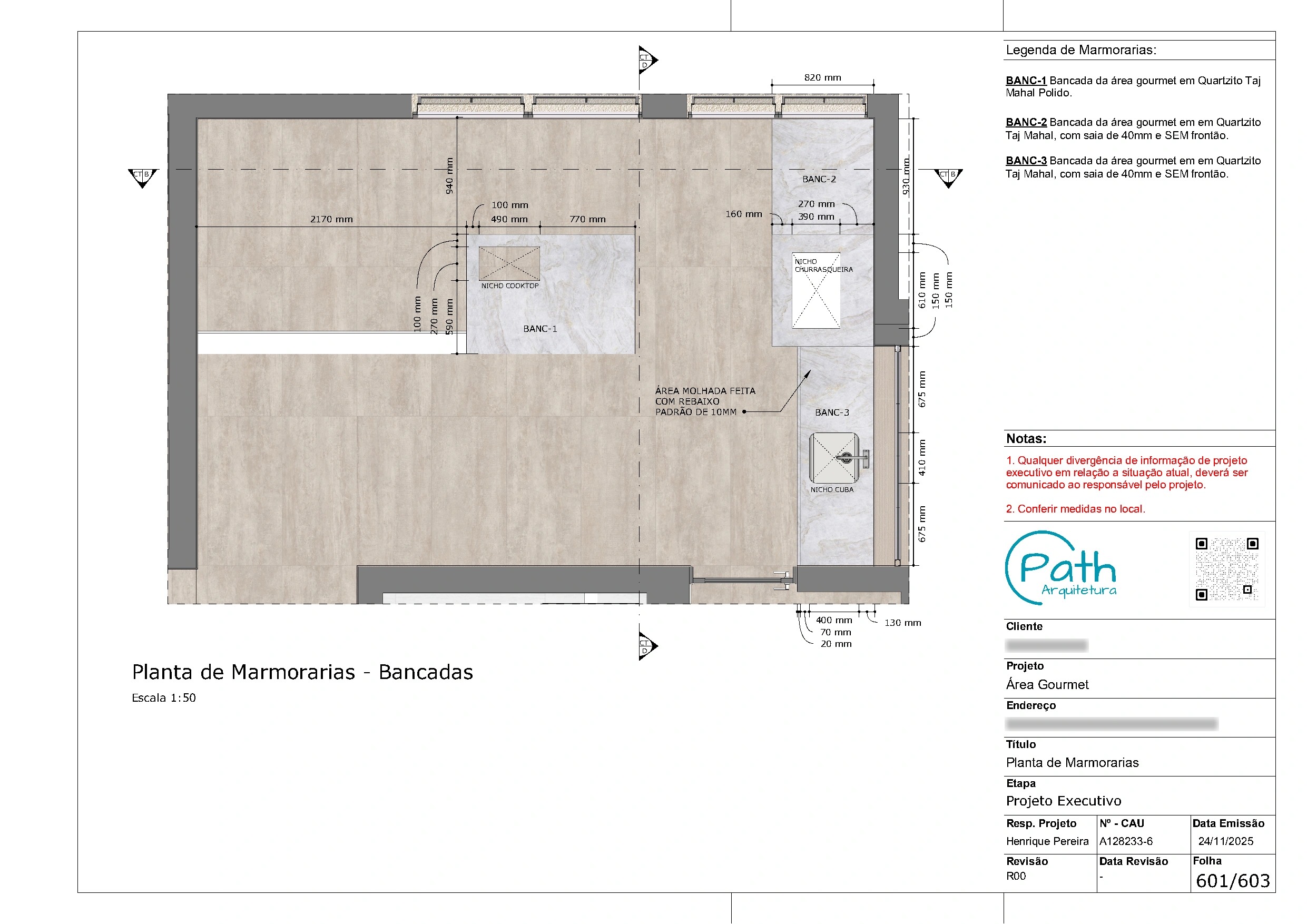 Folha de marmoraria do projeto executivo de cobertura duplex de 403 m²