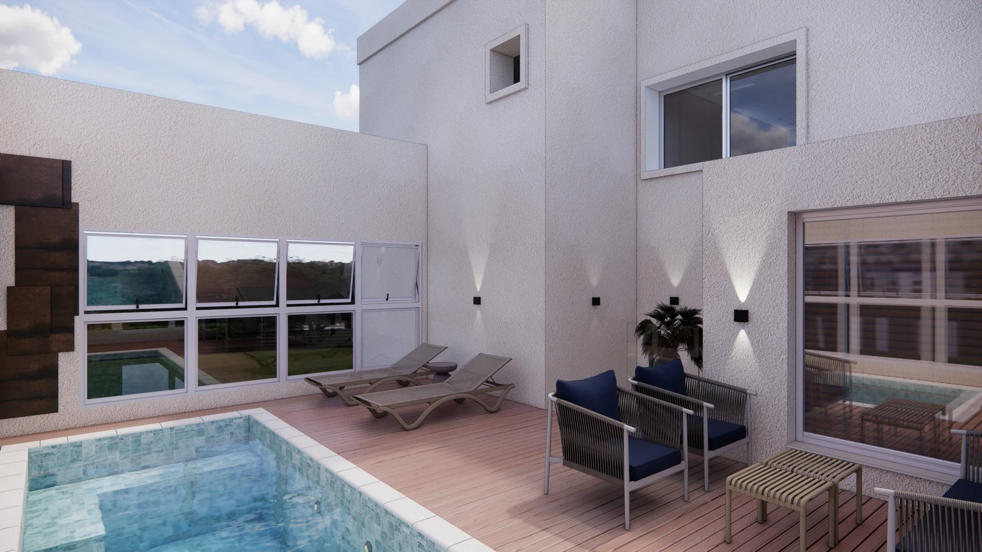 Piscina e área externa: perspectiva da proposta