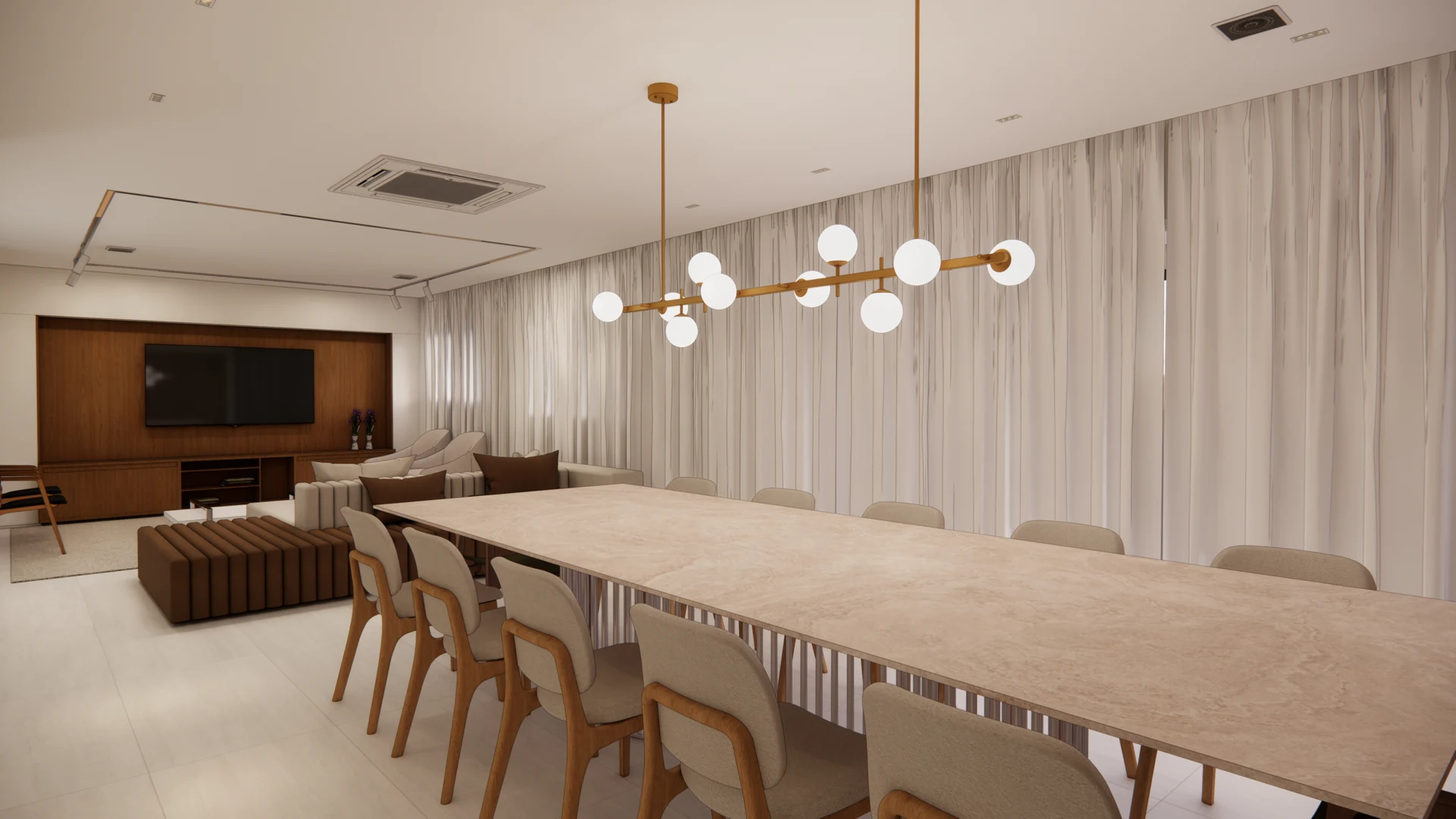 Perspectiva da proposta: Jantar · Materiais e iluminação