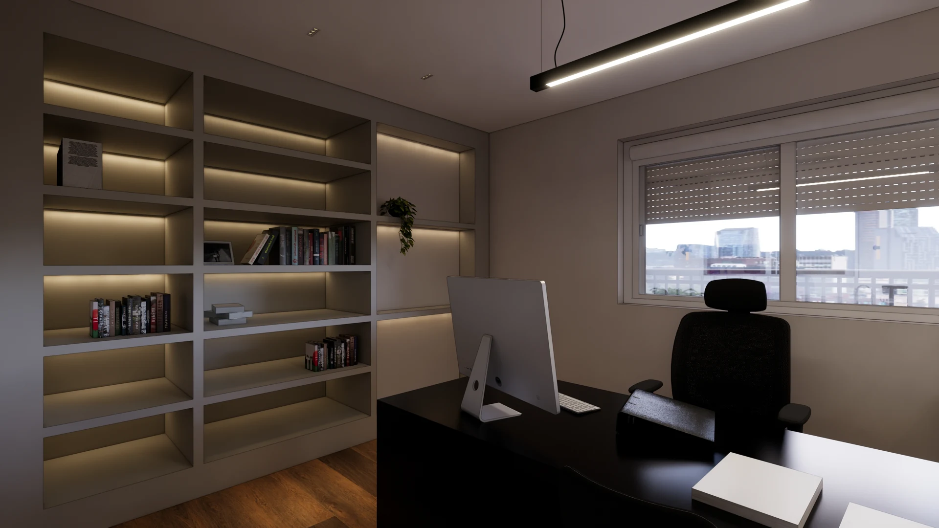 Perspectiva da proposta: Escritório · Estante e iluminação