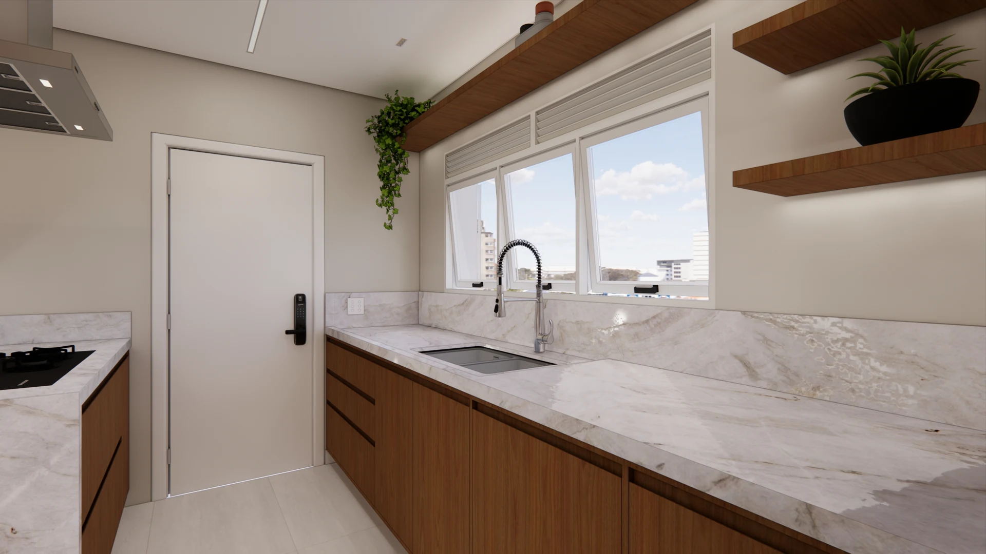 Perspectiva da proposta: Cozinha · Bancada e materiais