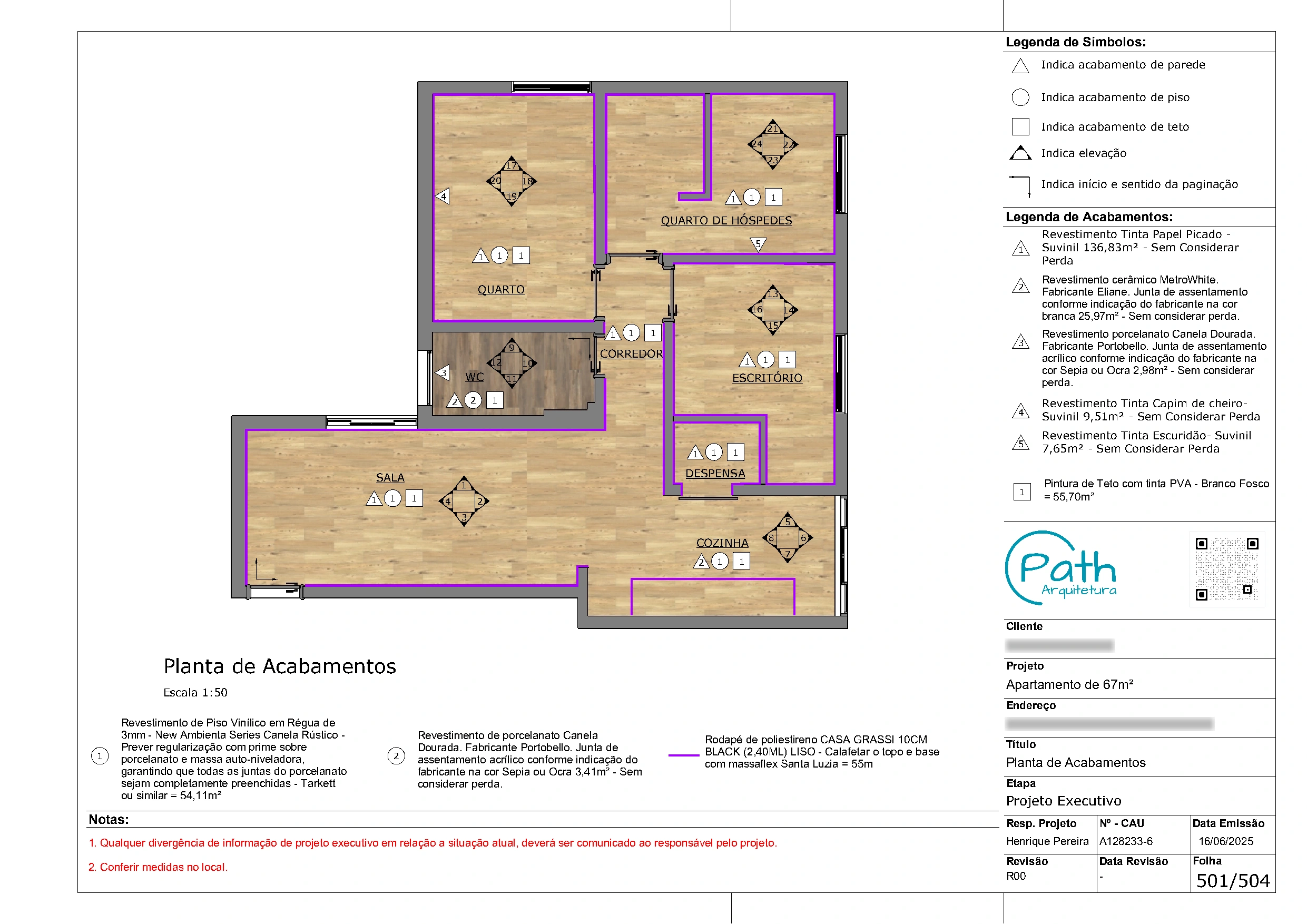 Folha de acabamentos do projeto executivo de Vila Madalena · 67 m²