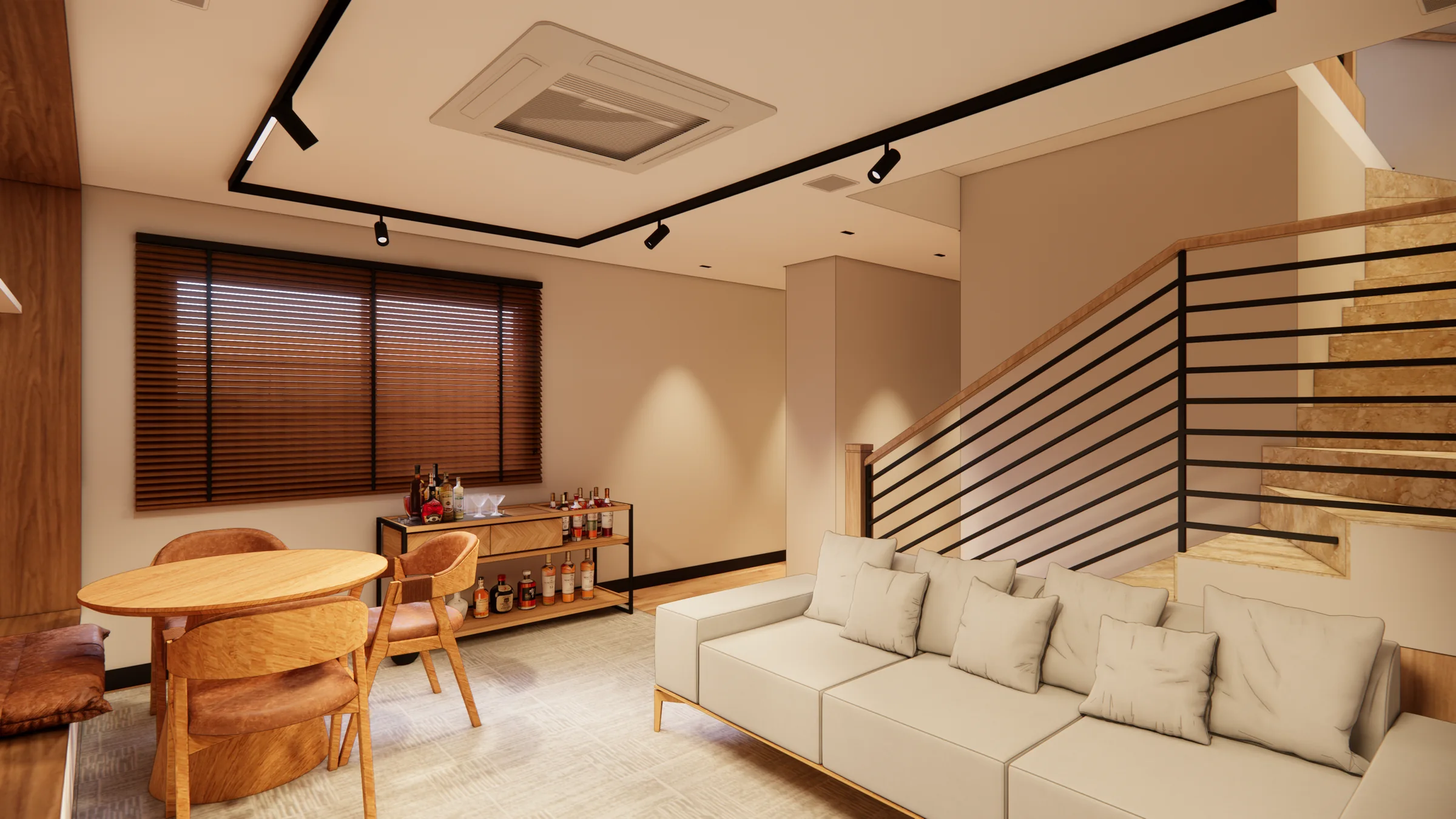 Render de estar, jantar e circulação vertical de casa na Aclimação