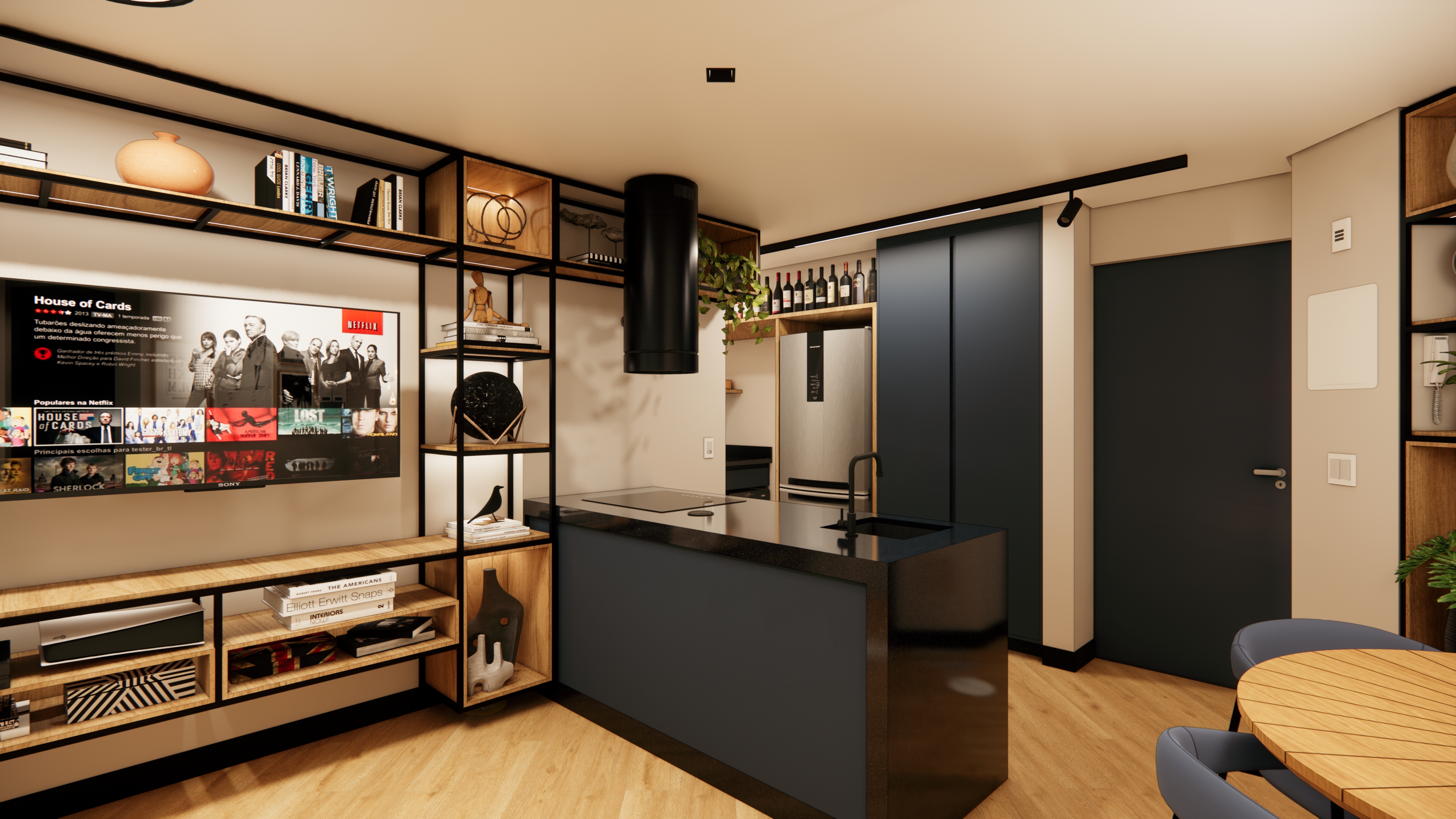 Render de cozinha, jantar e estar integrados de apartamento no Morumbi